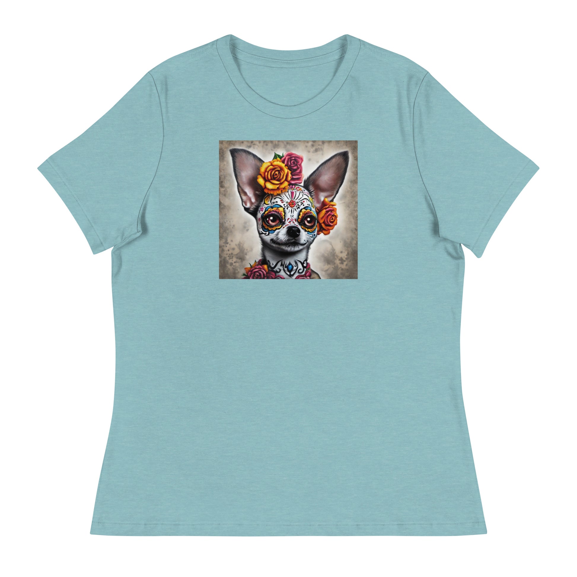 Day of the Dead Chihuahua Women's Dog Lover T-Shirt Heather Blue Lagoon