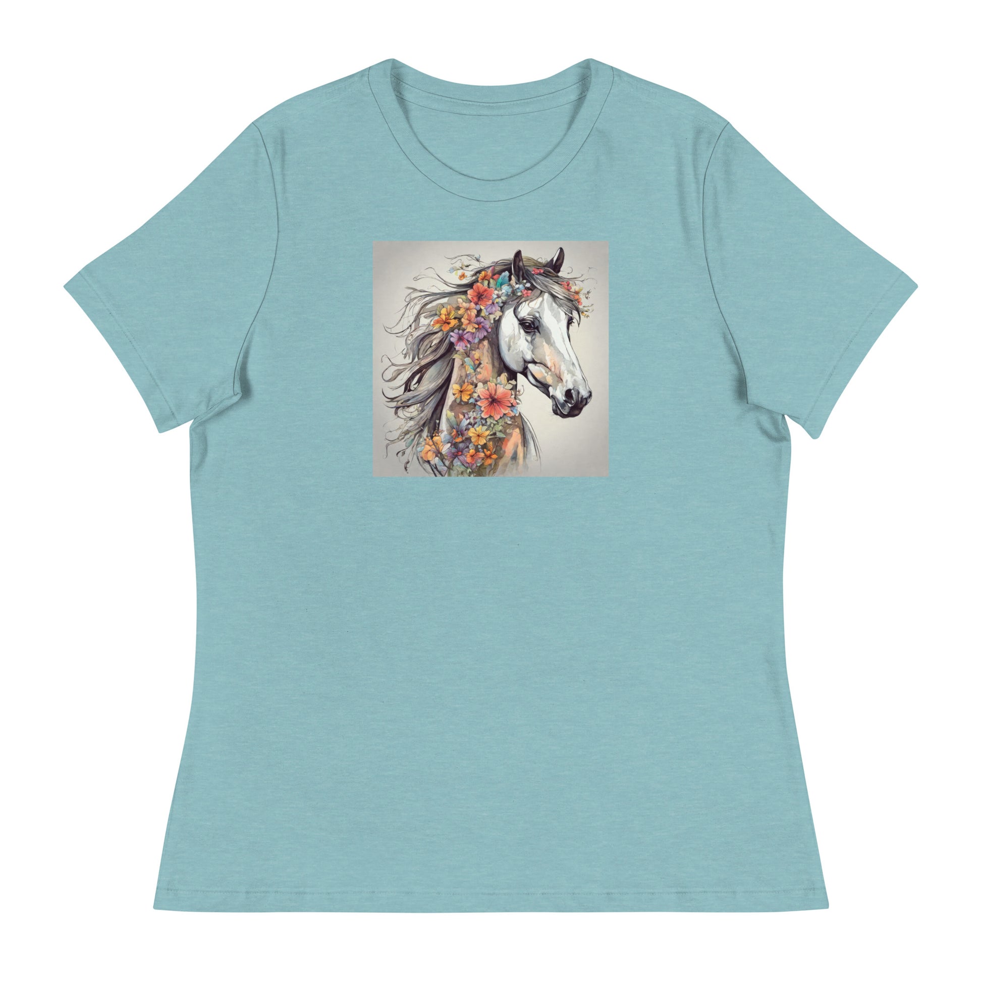 Horse with Flowers Women's Animal Lover T-Shirt Heather Blue Lagoon