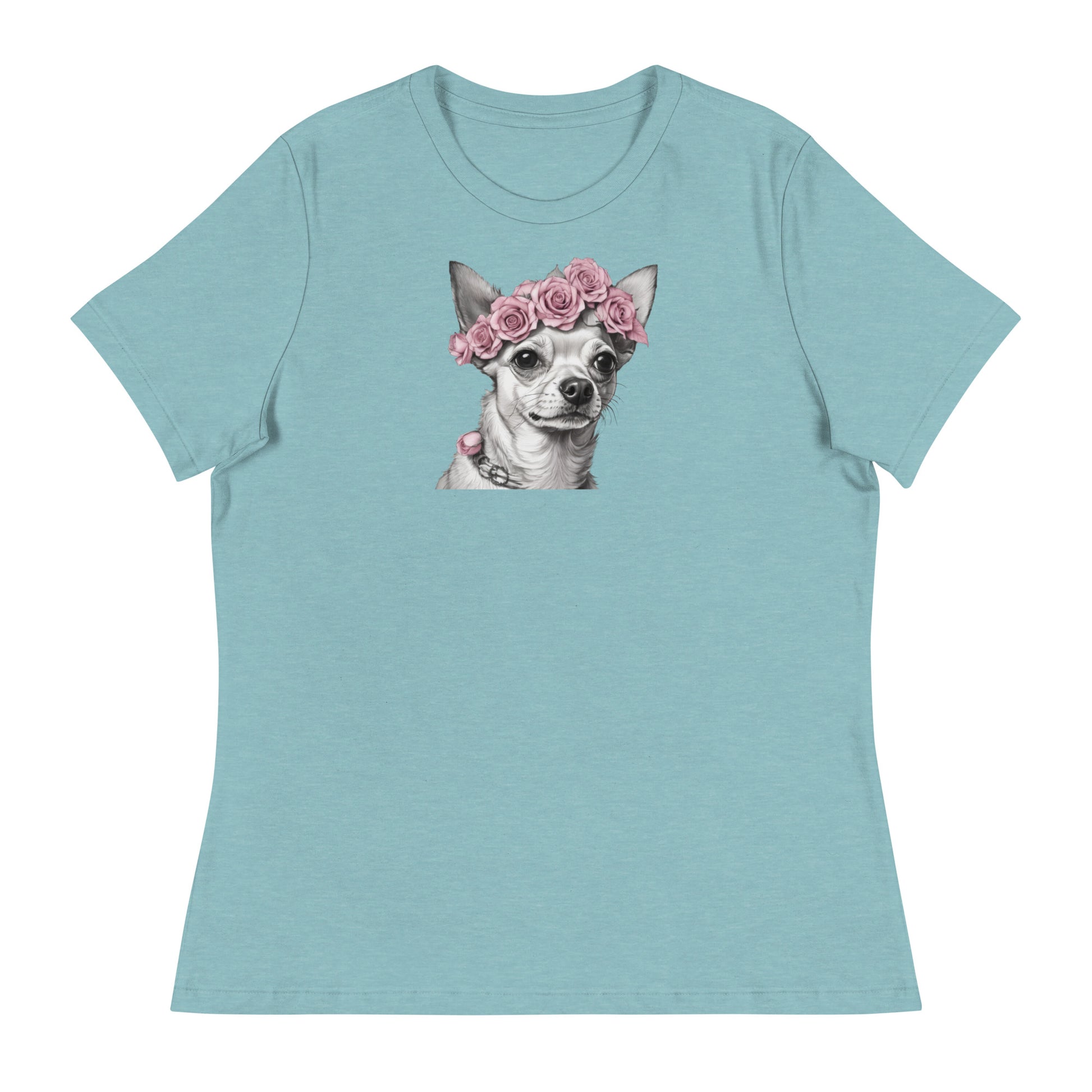 Chihuahua with Pink Rose Wreath Women's Dog Lover T-Shirt Heather Blue Lagoon