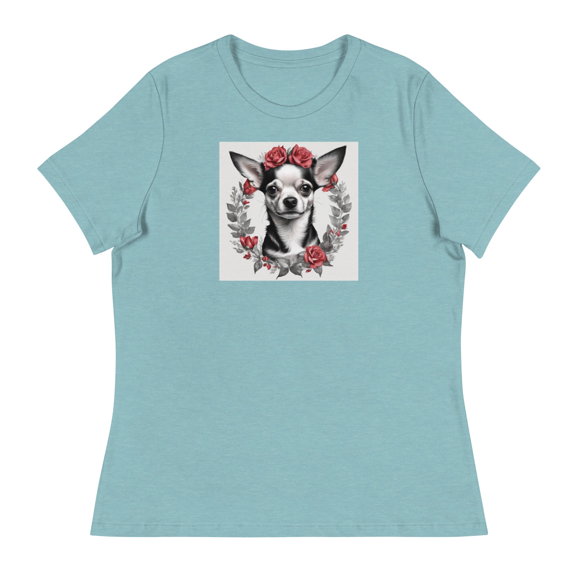 Chihuahua with Red Rose Wreath Women's Dog Lover T-Shirt Heather Blue Lagoon