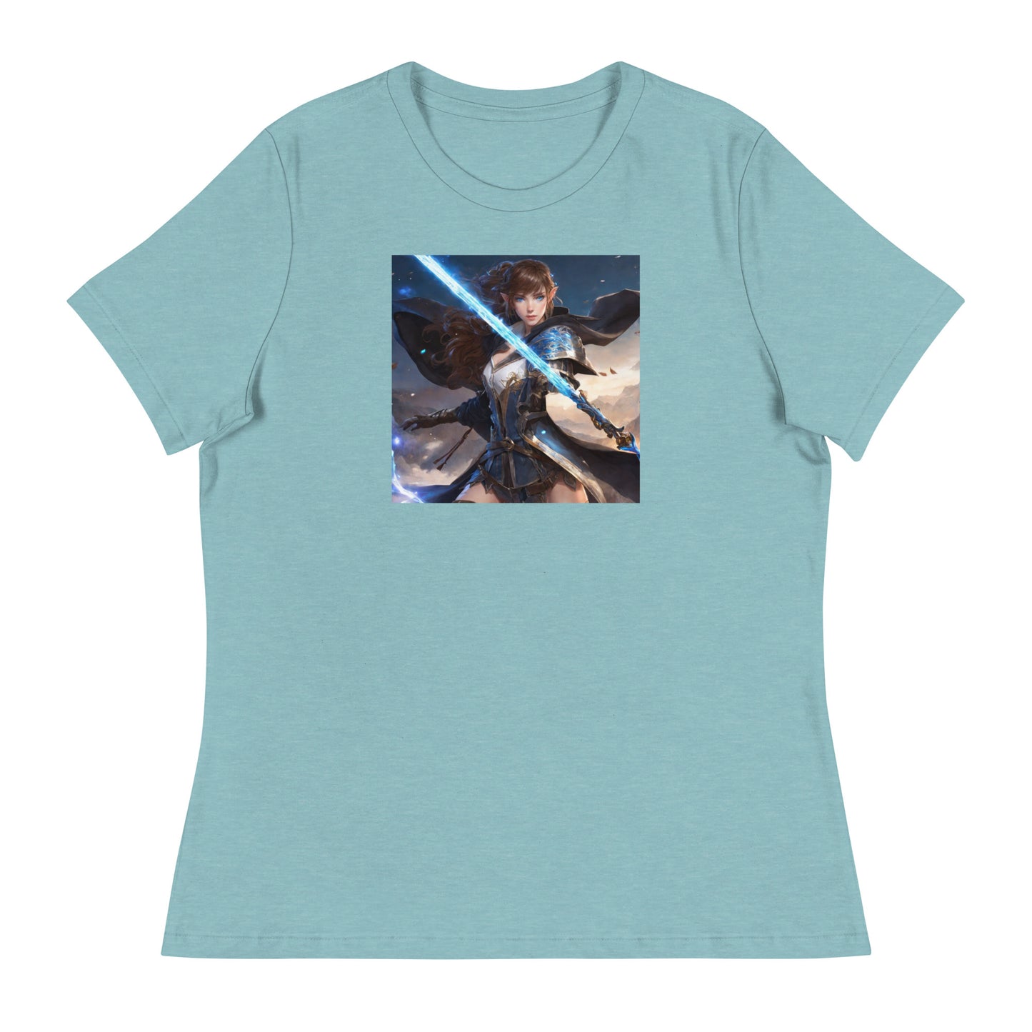 Elven Defender Women's Fantasy Anime T-Shirt Heather Blue Lagoon