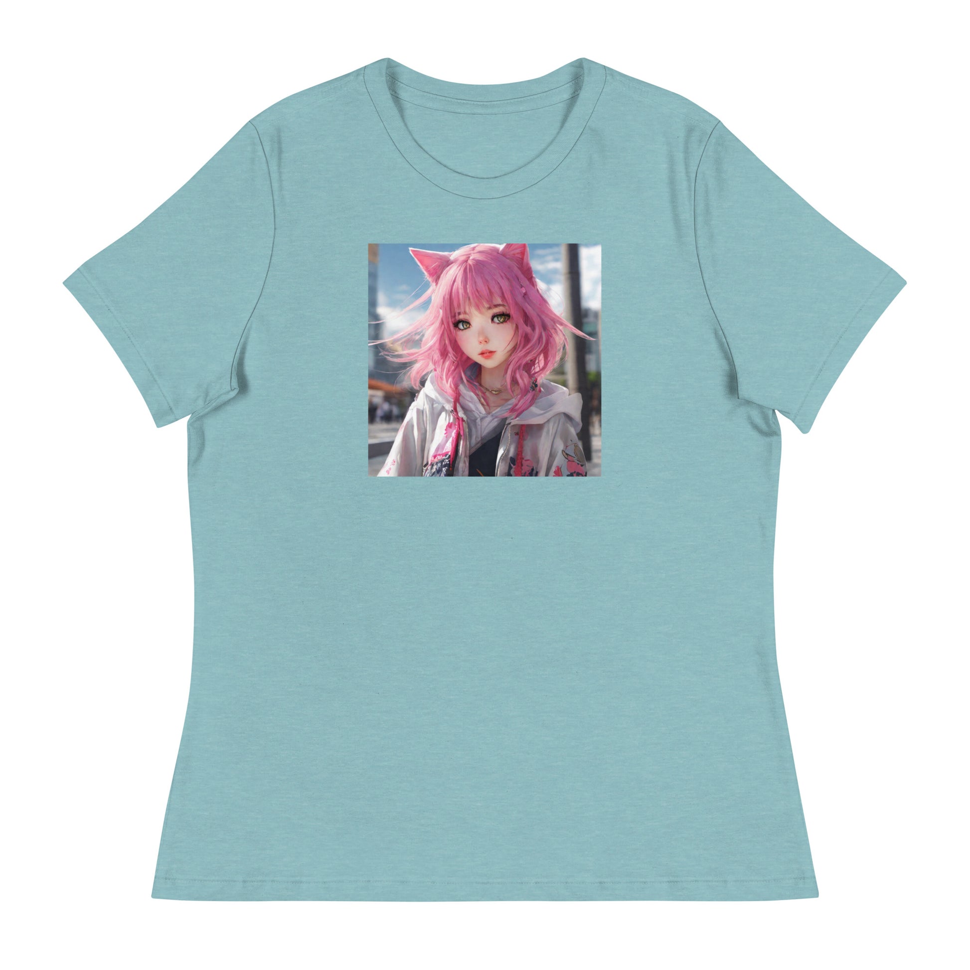 Cute Girl with Cat Ears and Pink Hair Women's Anime T-Shirt Heather Blue Lagoon