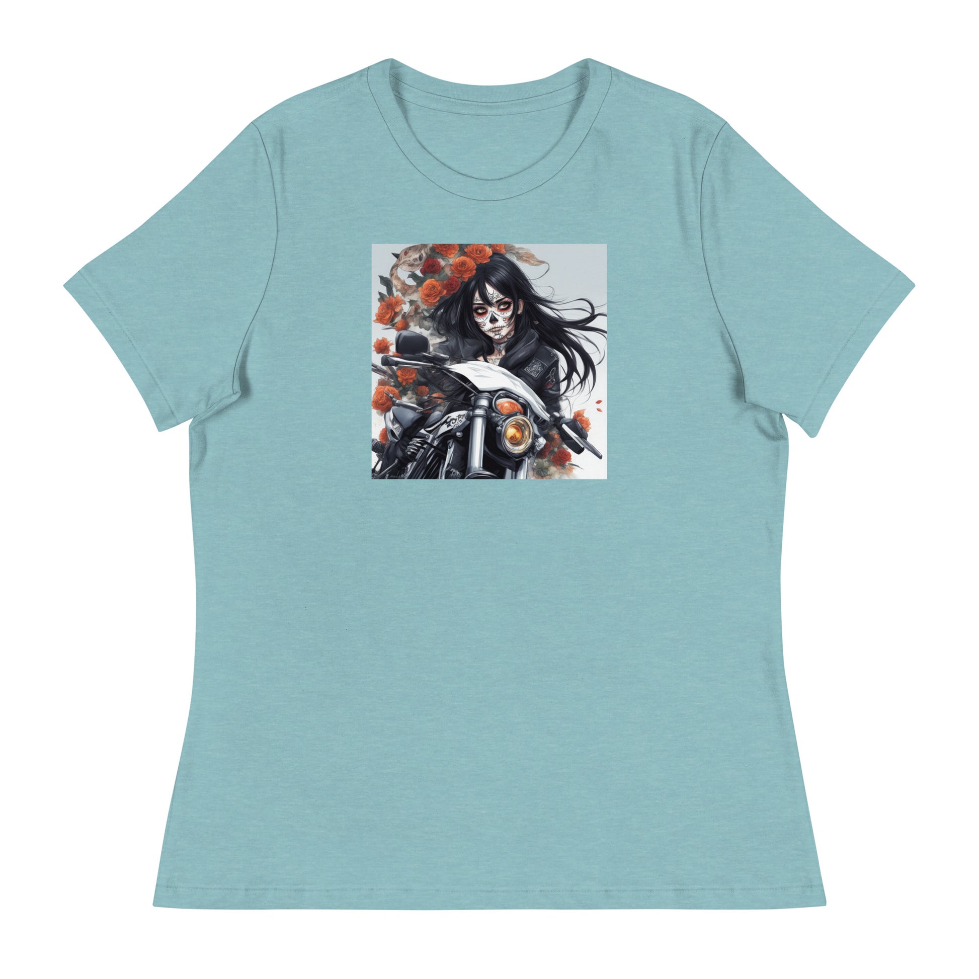 Day of the Dead Biker Close Up Women's Anime T-Shirt Heather Blue Lagoon