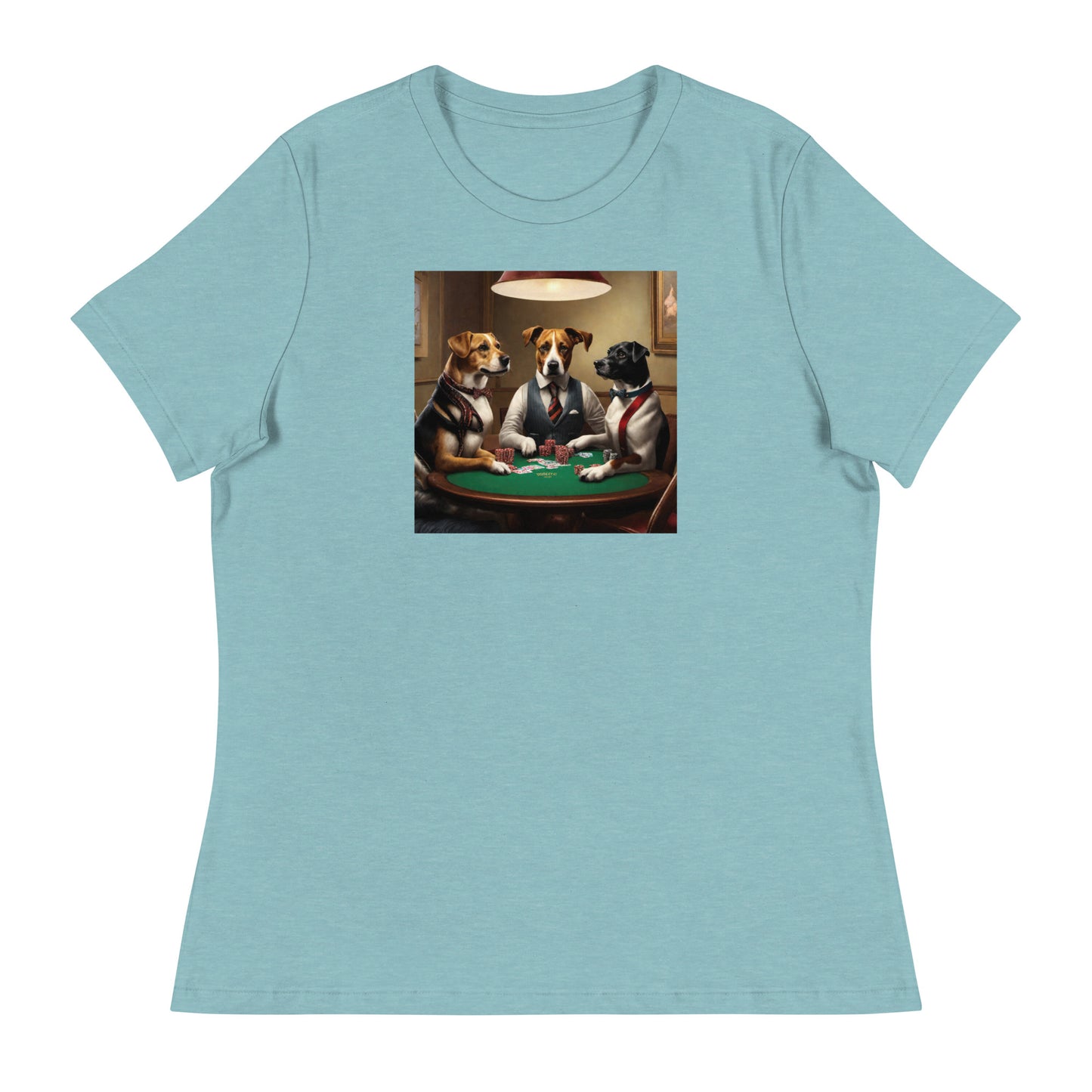 Pooches Playing Poker Women's Funny T-Shirt Heather Blue Lagoon