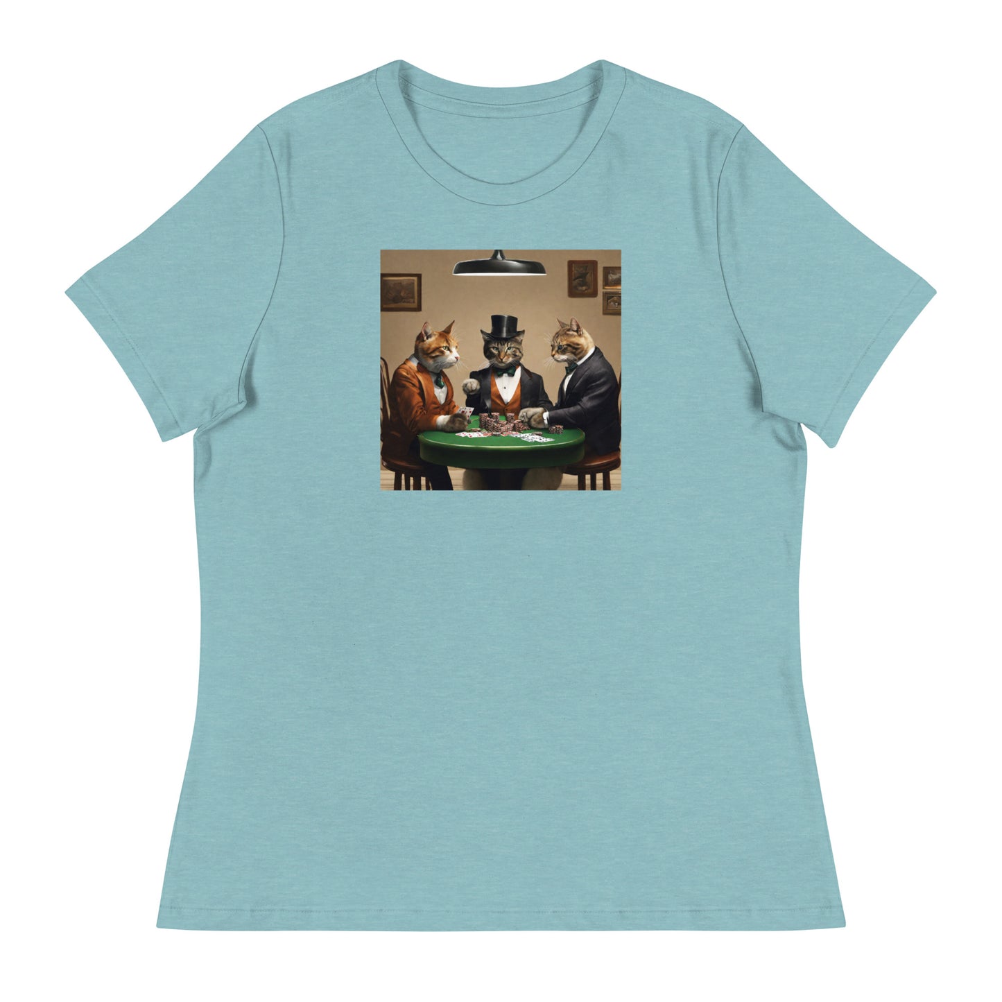 Cats Playing Poker Women's Funny T-Shirt Heather Blue Lagoon