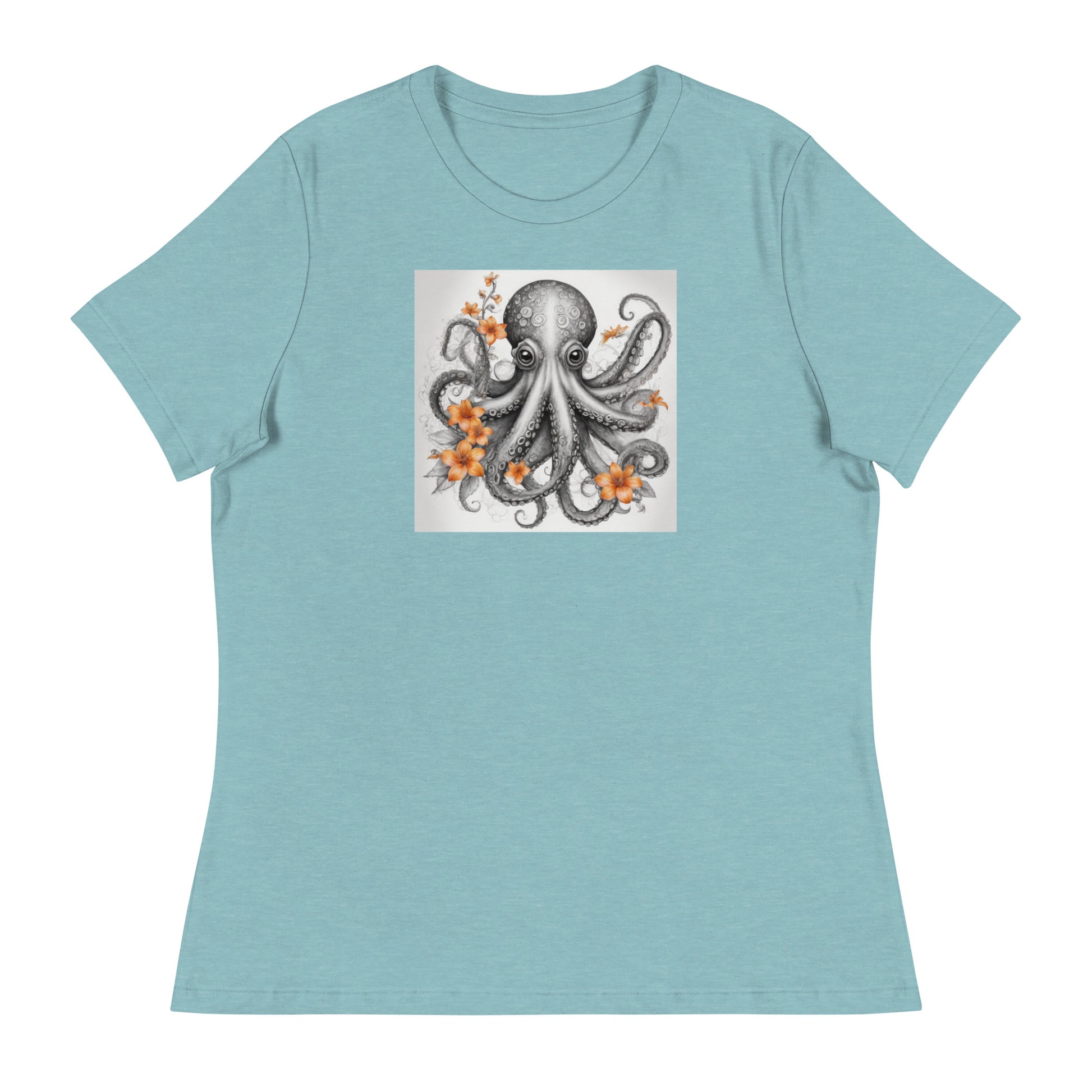 Octopus with Orange Flowers Women's Animal Lover T-Shirt Heather Blue Lagoon