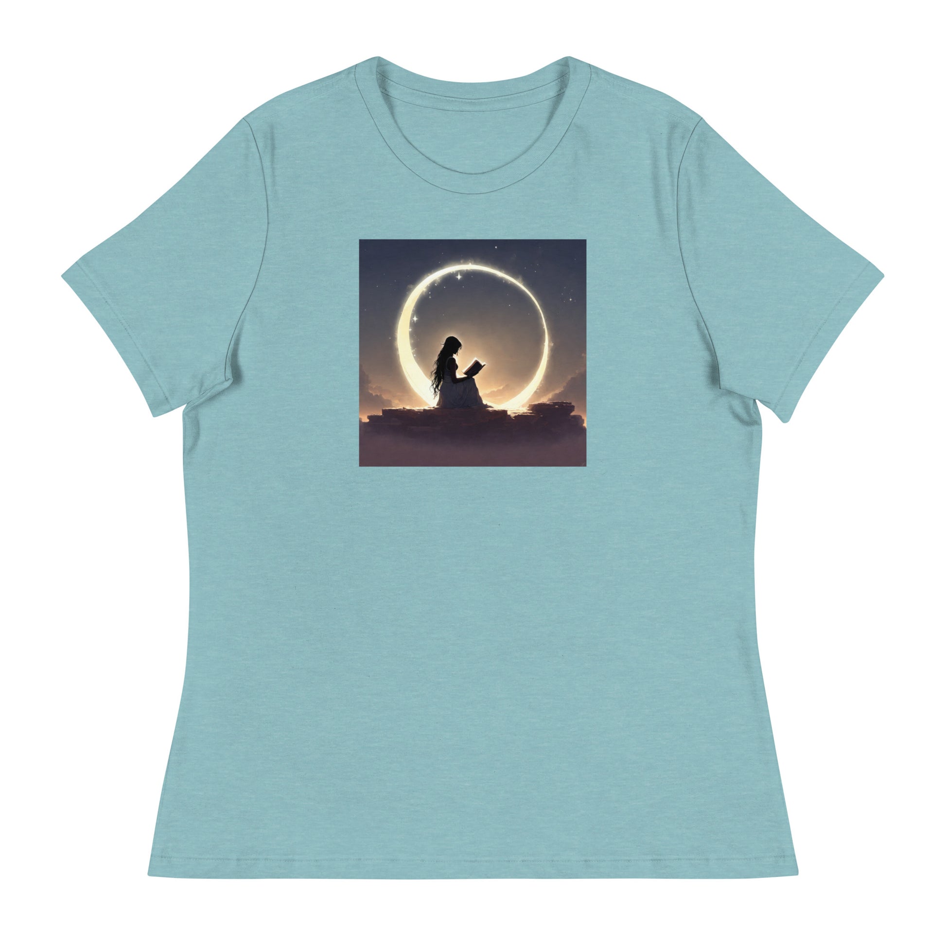 Reading at Twilight Women's Book Lover T-Shirt Heather Blue Lagoon