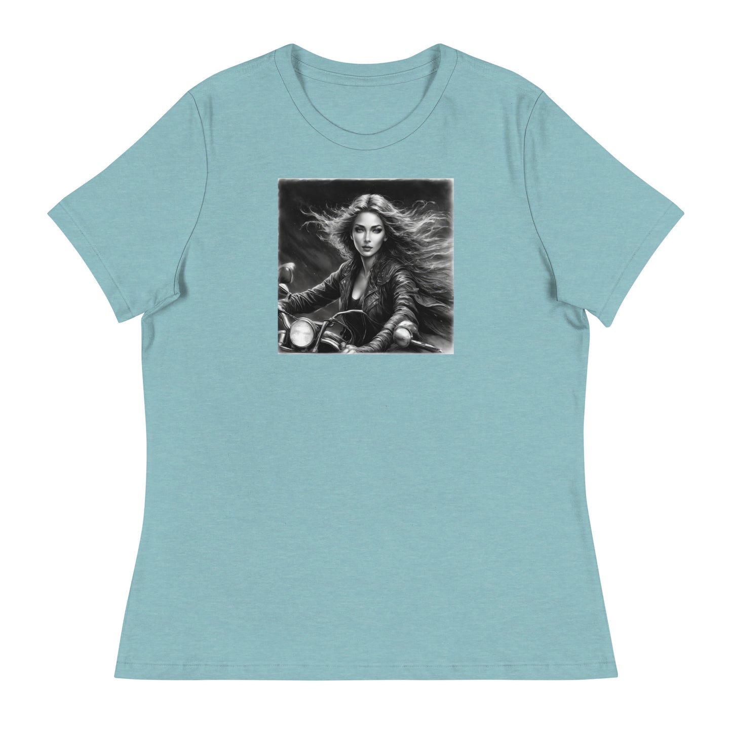 Woman Riding Motorcycle T-Shirt Heather Blue Lagoon