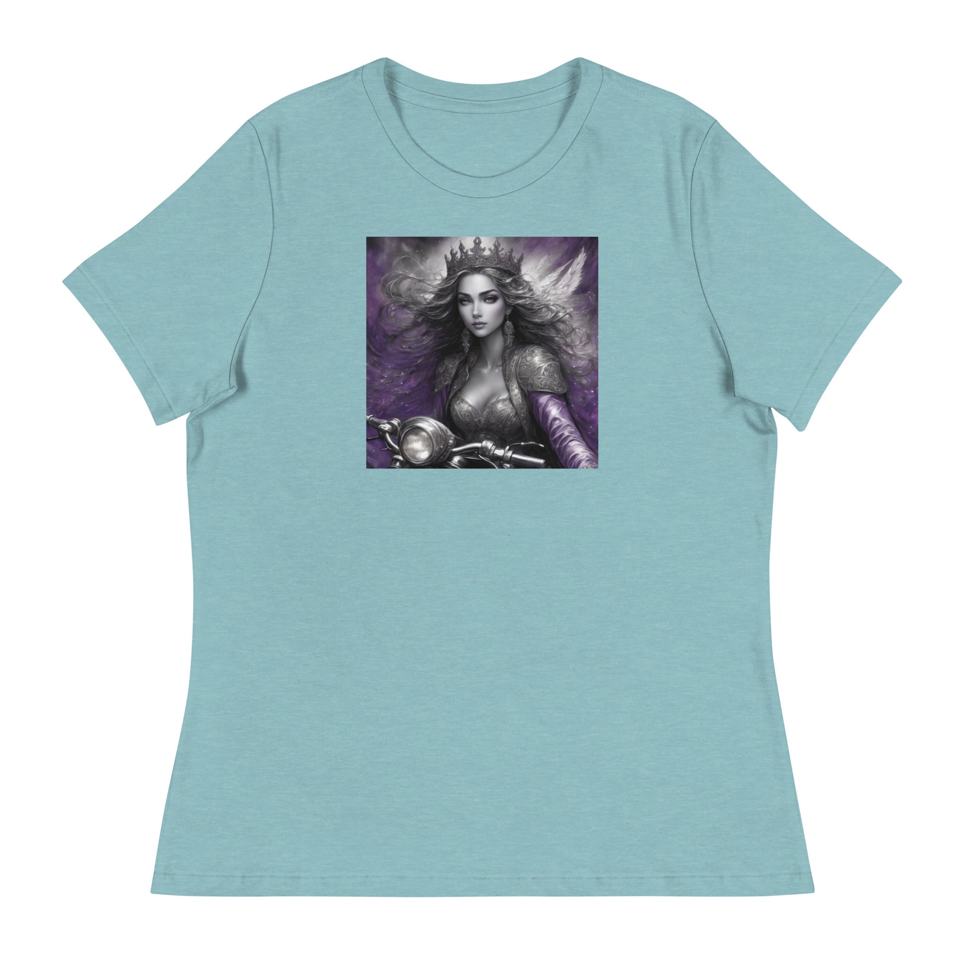 Princess Woman Riding a Motorcycle T-Shirt Heather Blue Lagoon