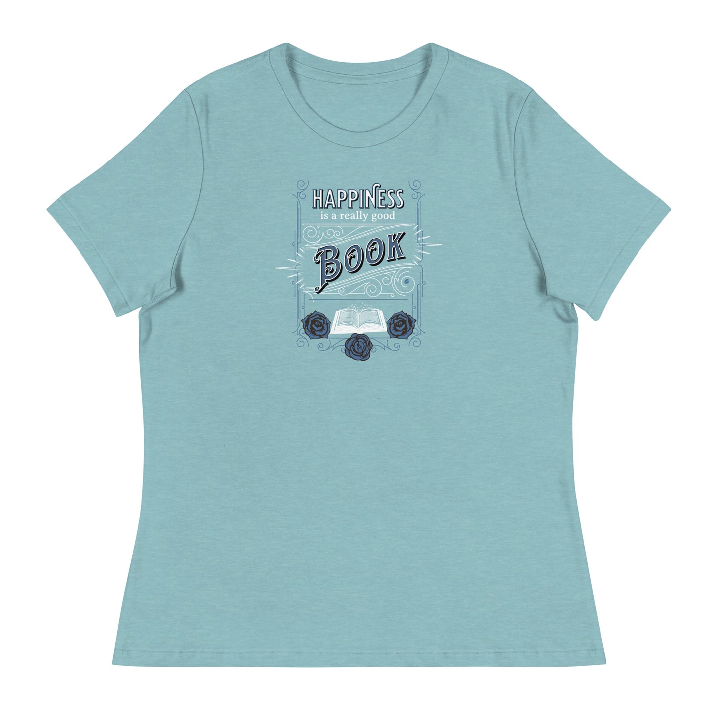 Happiness is a Really Good Book Women's Reader T-Shirt Heather Blue Lagoon