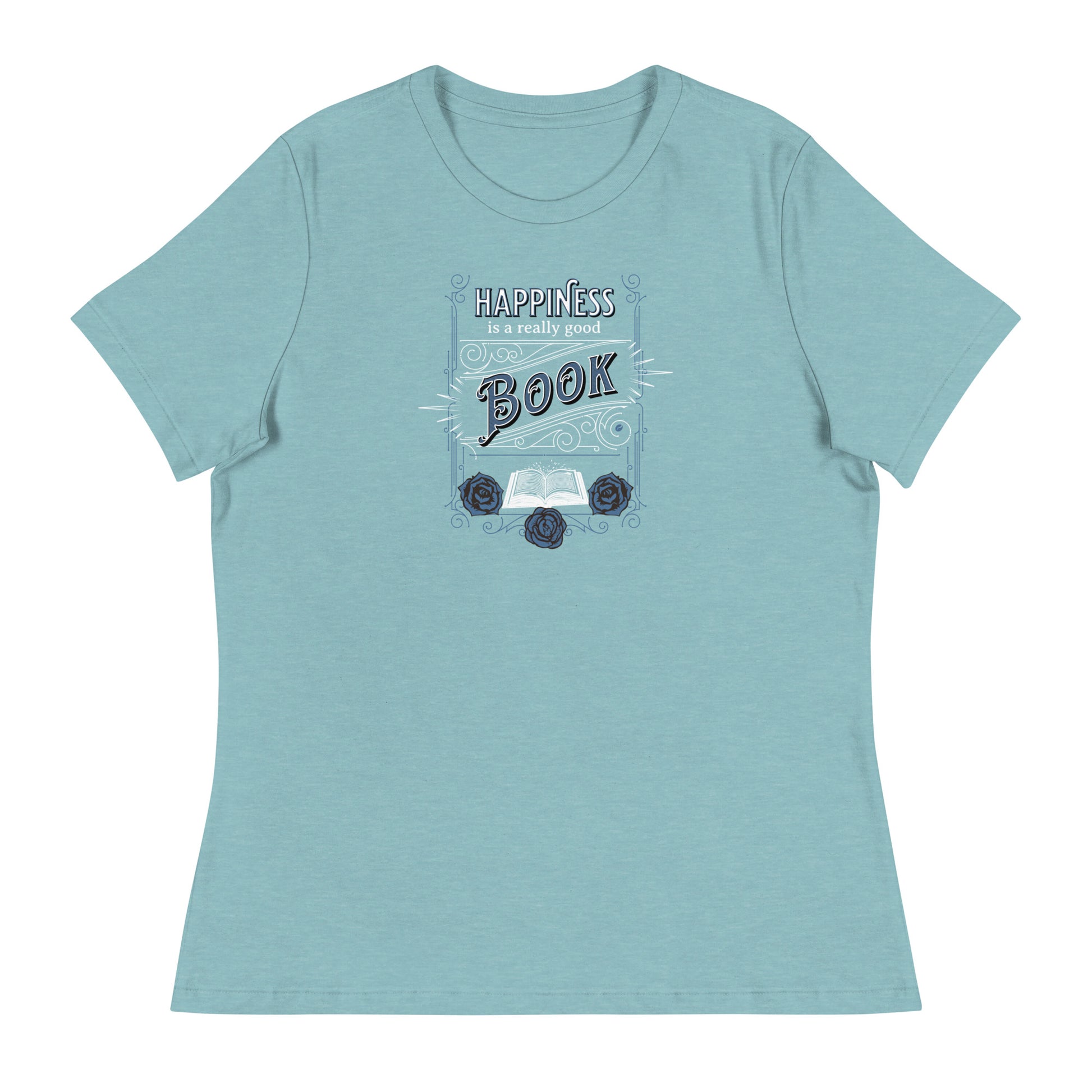 Happiness is a Really Good Book Women's Reader T-Shirt Heather Blue Lagoon