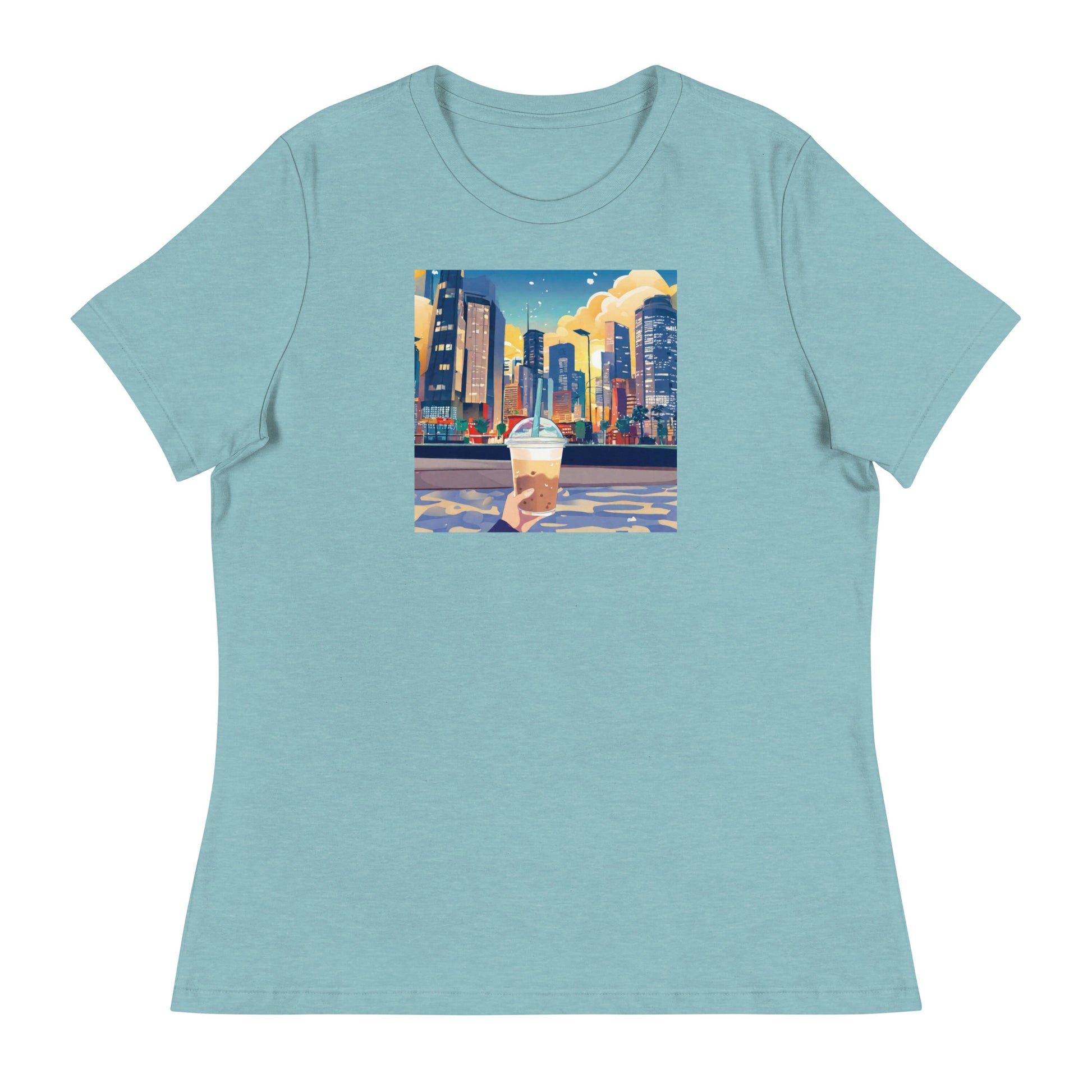 Women's Hand Holding Up Bubble Milk Tea Boba T-Shirt Heather Blue Lagoon