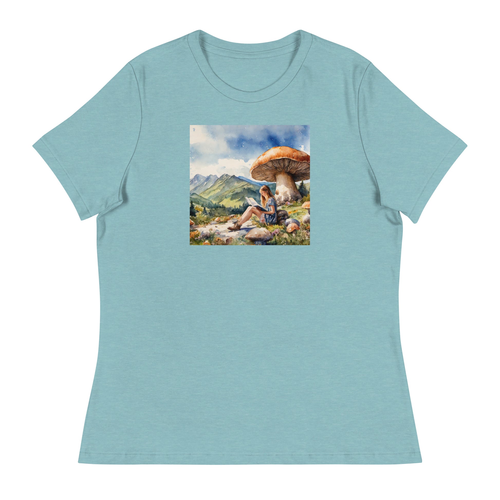 Woman Reading a Book under Large Mushroom Women's Book Lover T-Shirt Heather Blue Lagoon