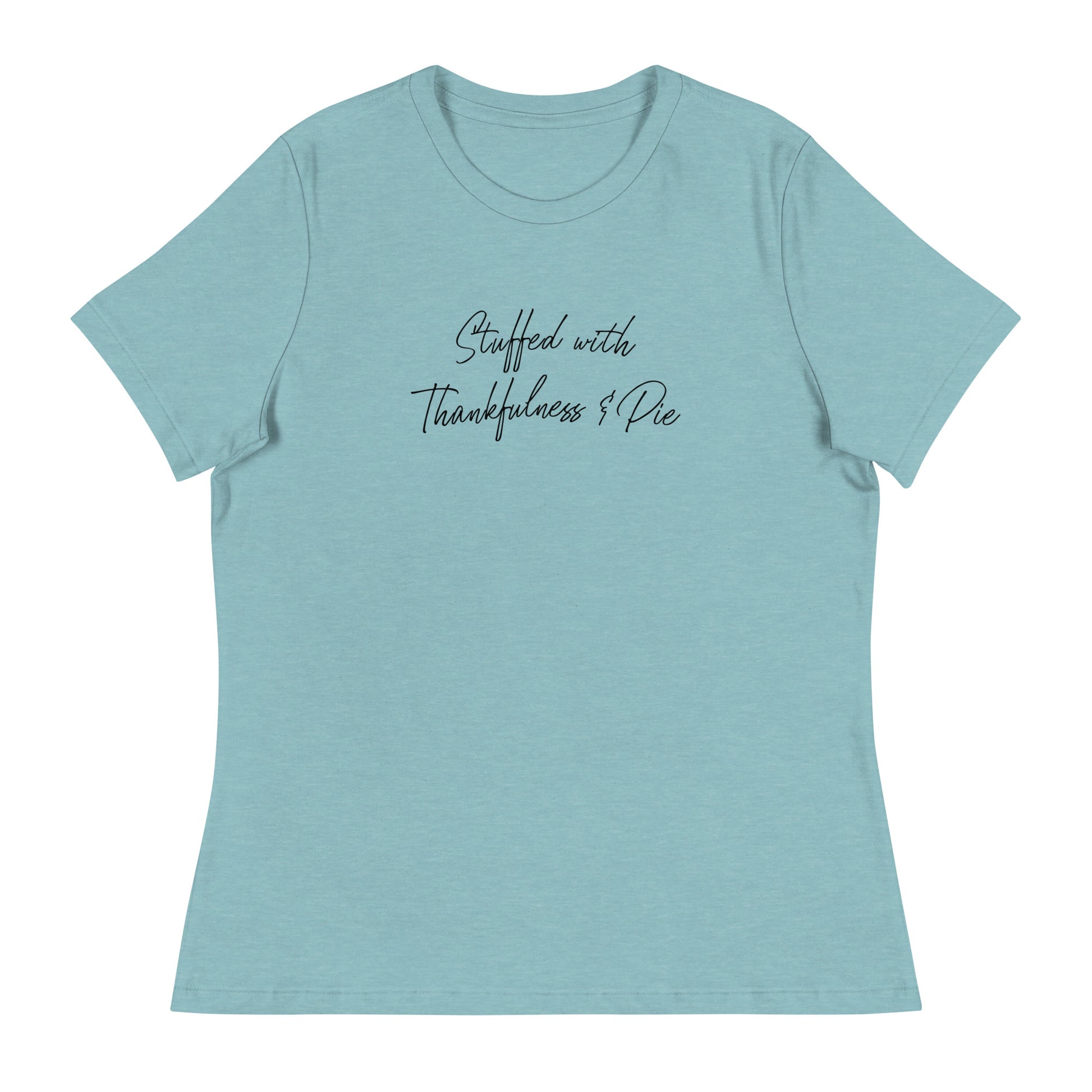 Stuffed with Thankfulness & Pie Women's Thanksgiving T-Shirt Heather Blue Lagoon