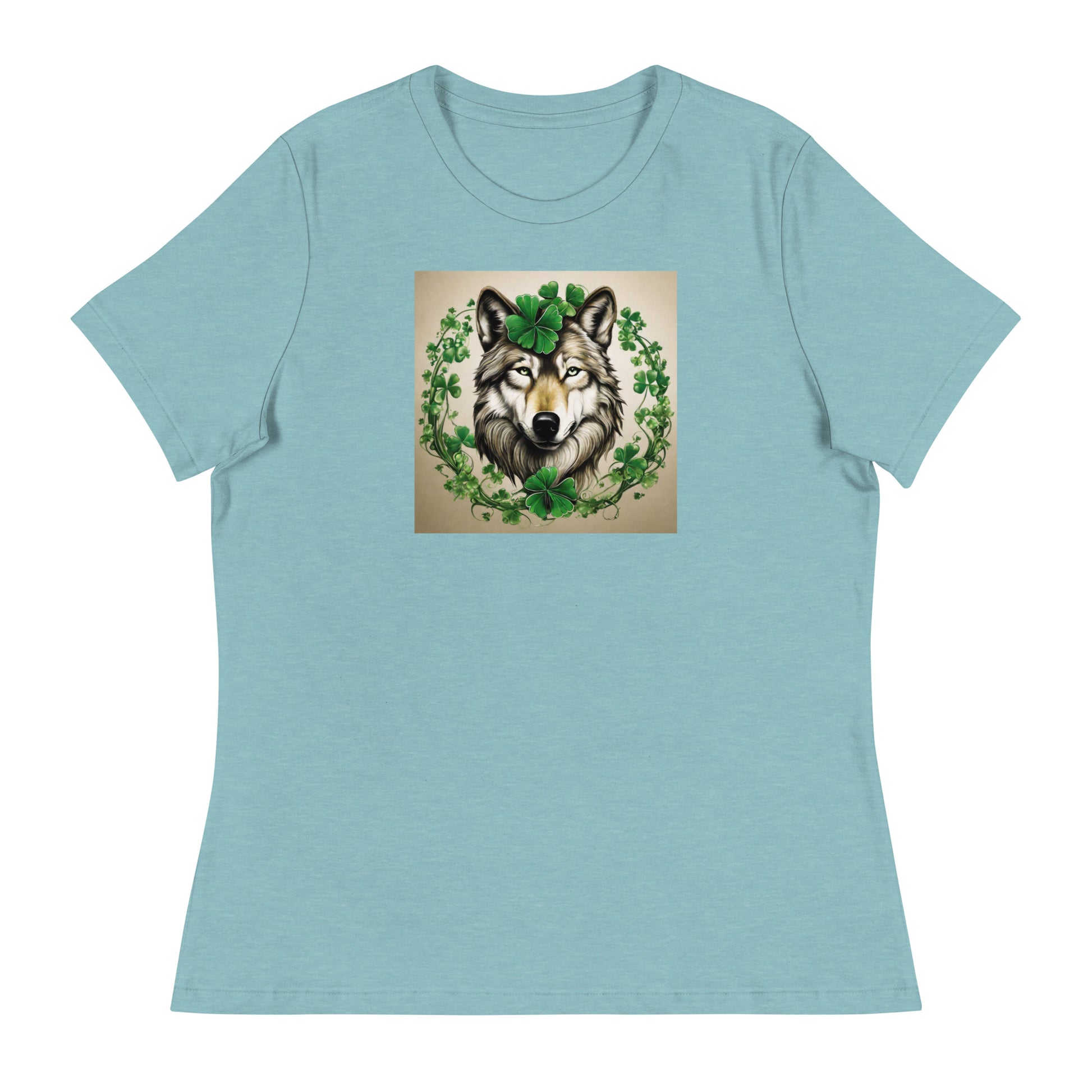 Wolf & Shamrocks Women's St Patrick's Day T-Shirt Heather Blue Lagoon