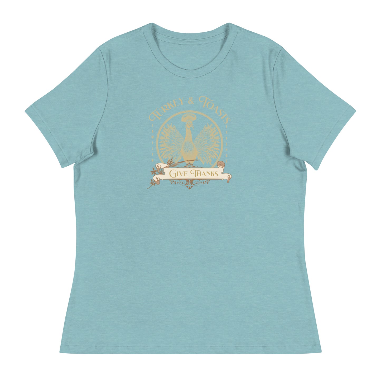 Turkey & Toasts Give Thanks Women's T-Shirt Heather Blue Lagoon