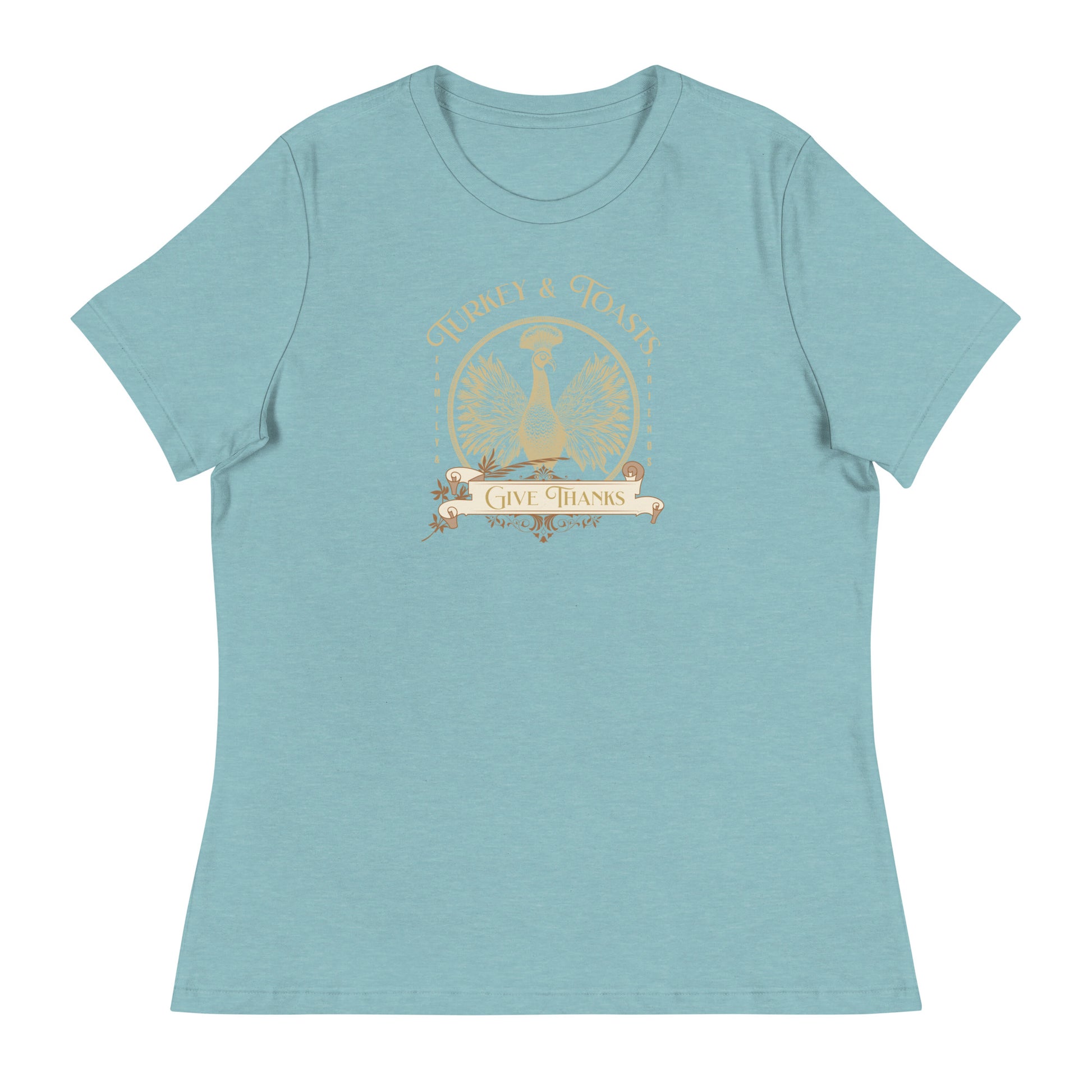 Turkey & Toasts Give Thanks Women's T-Shirt Heather Blue Lagoon