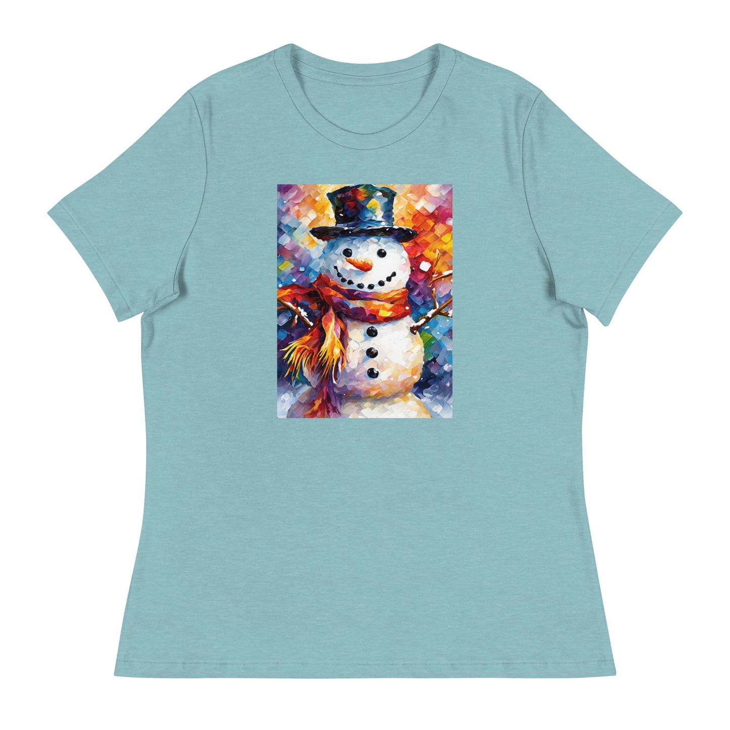 Happy Snowman Women's Christmas T-Shirt Heather Blue Lagoon