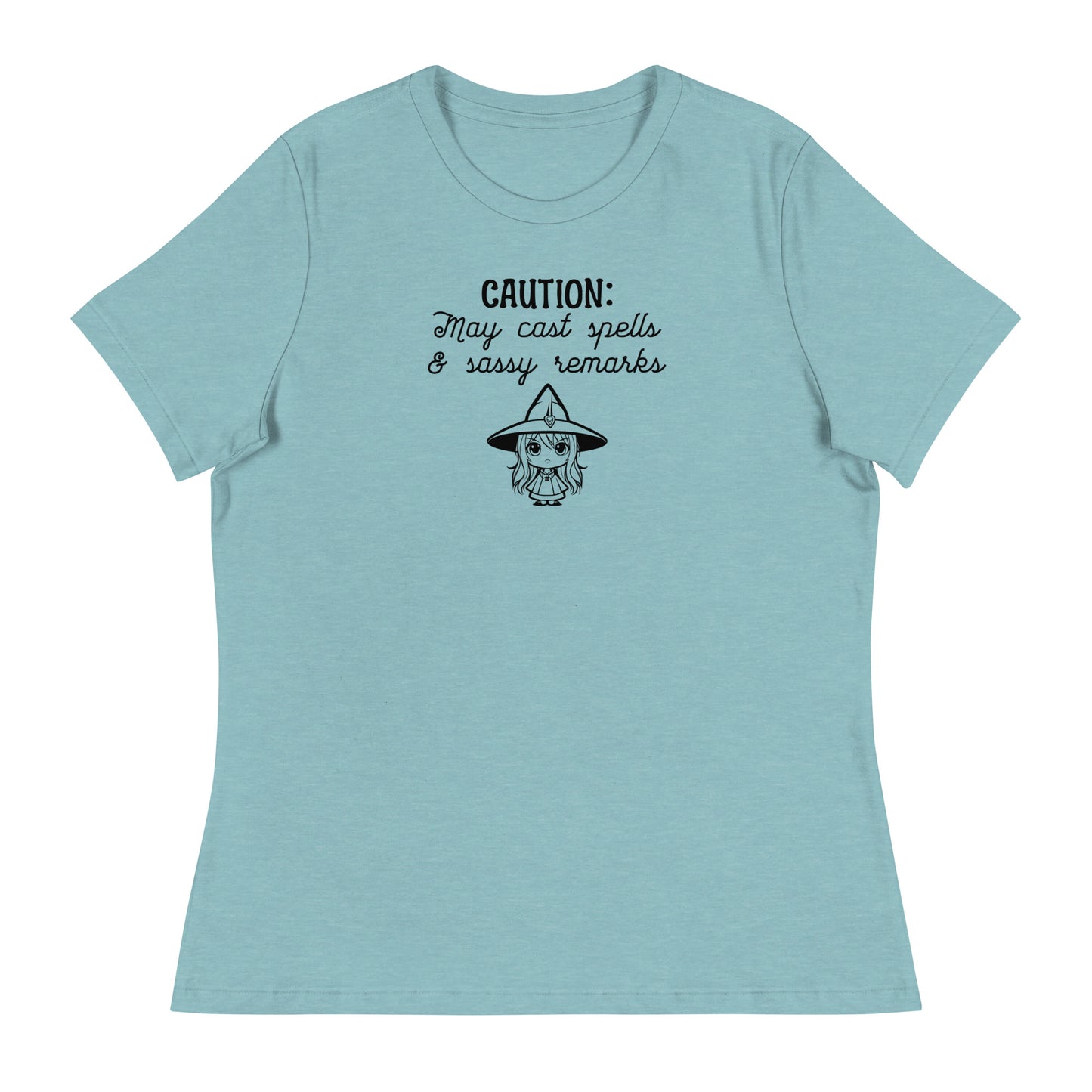 CAUTION: May Cast Spells & Sassy Remarks Women's Halloween T-Shirt Heather Blue Lagoon