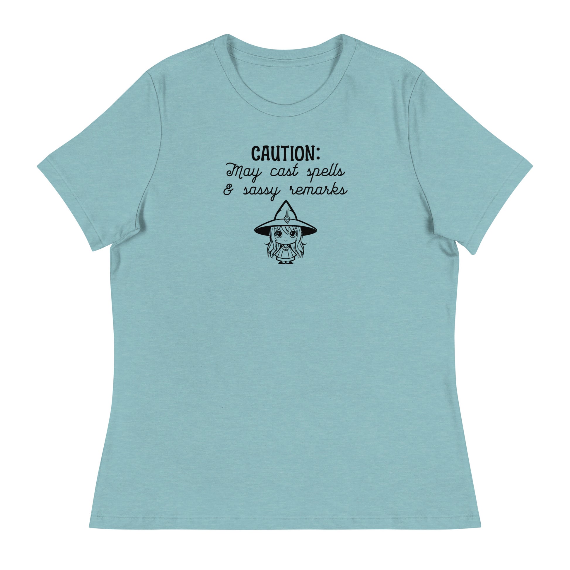 CAUTION: May Cast Spells & Sassy Remarks Women's Halloween T-Shirt Heather Blue Lagoon