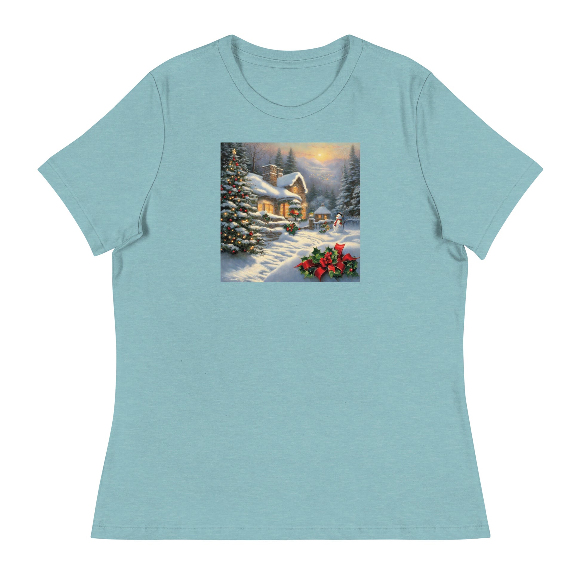 Snowy Winter Scene Women's Christmas T-Shirt Heather Blue Lagoon