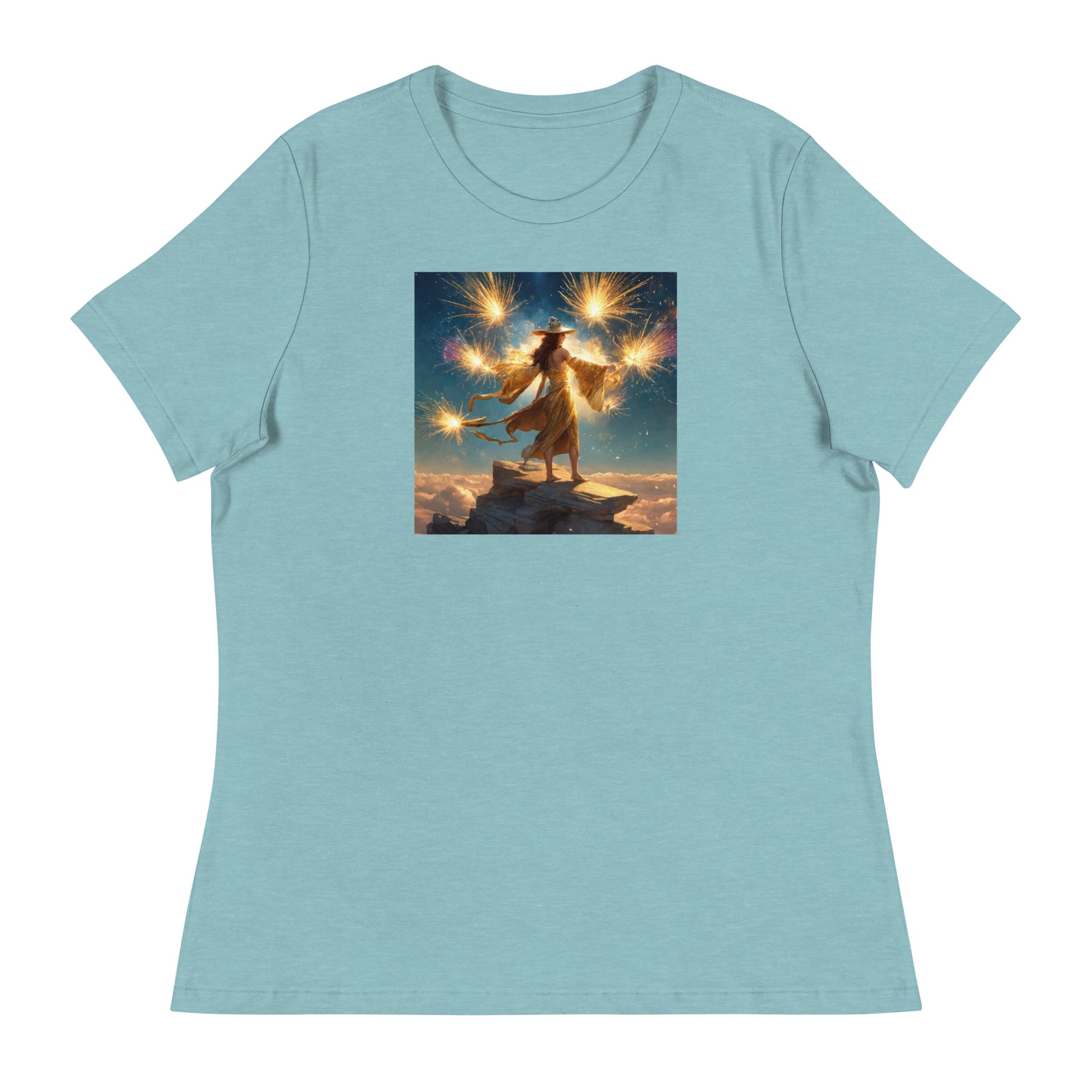 Sorceress Making Fireworks Women's 4th of July T-Shirt Heather Blue Lagoon