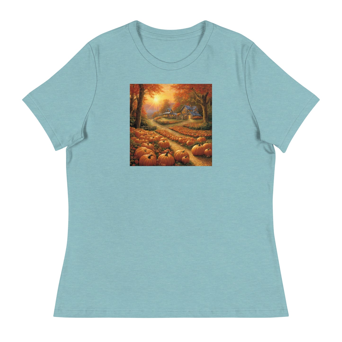 Fall Pumpkin Scene Women's Autumn T-Shirt Heather Blue Lagoon