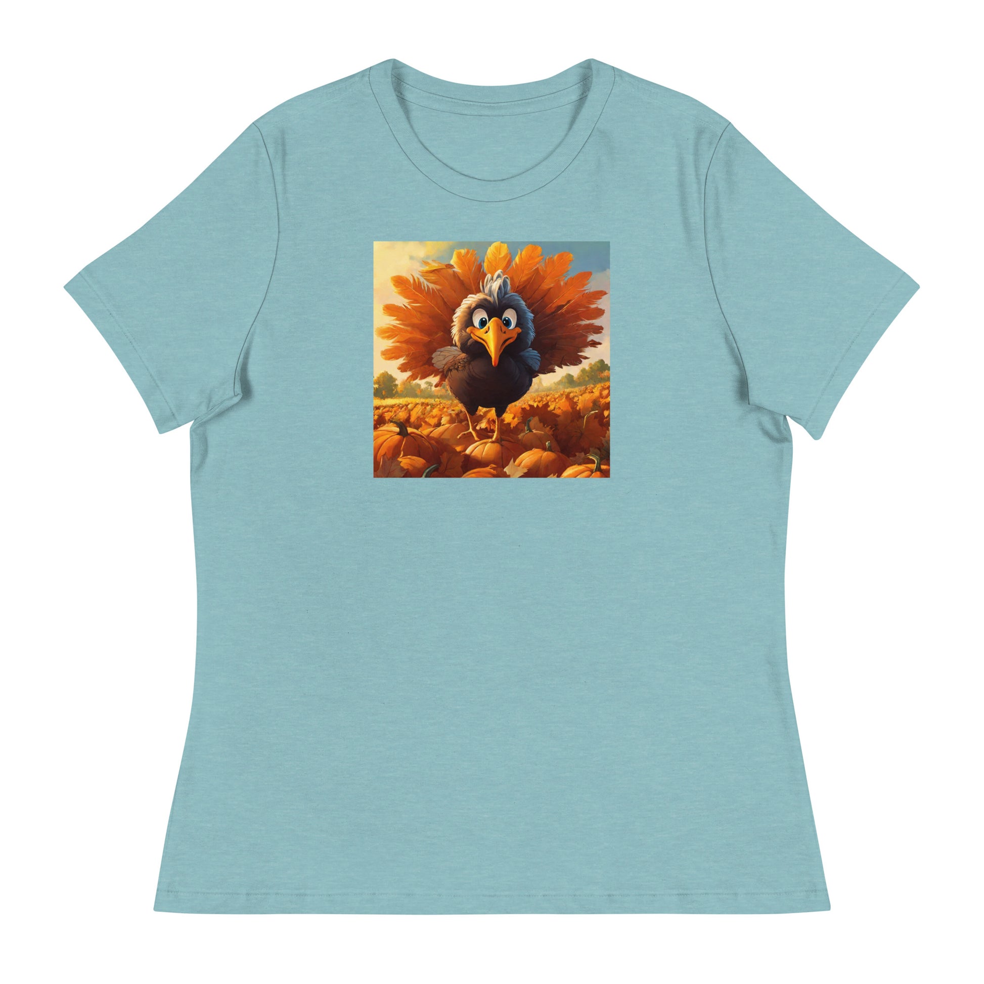 Cute Turkey Women's Thanksgiving T-Shirt Heather Blue Lagoon