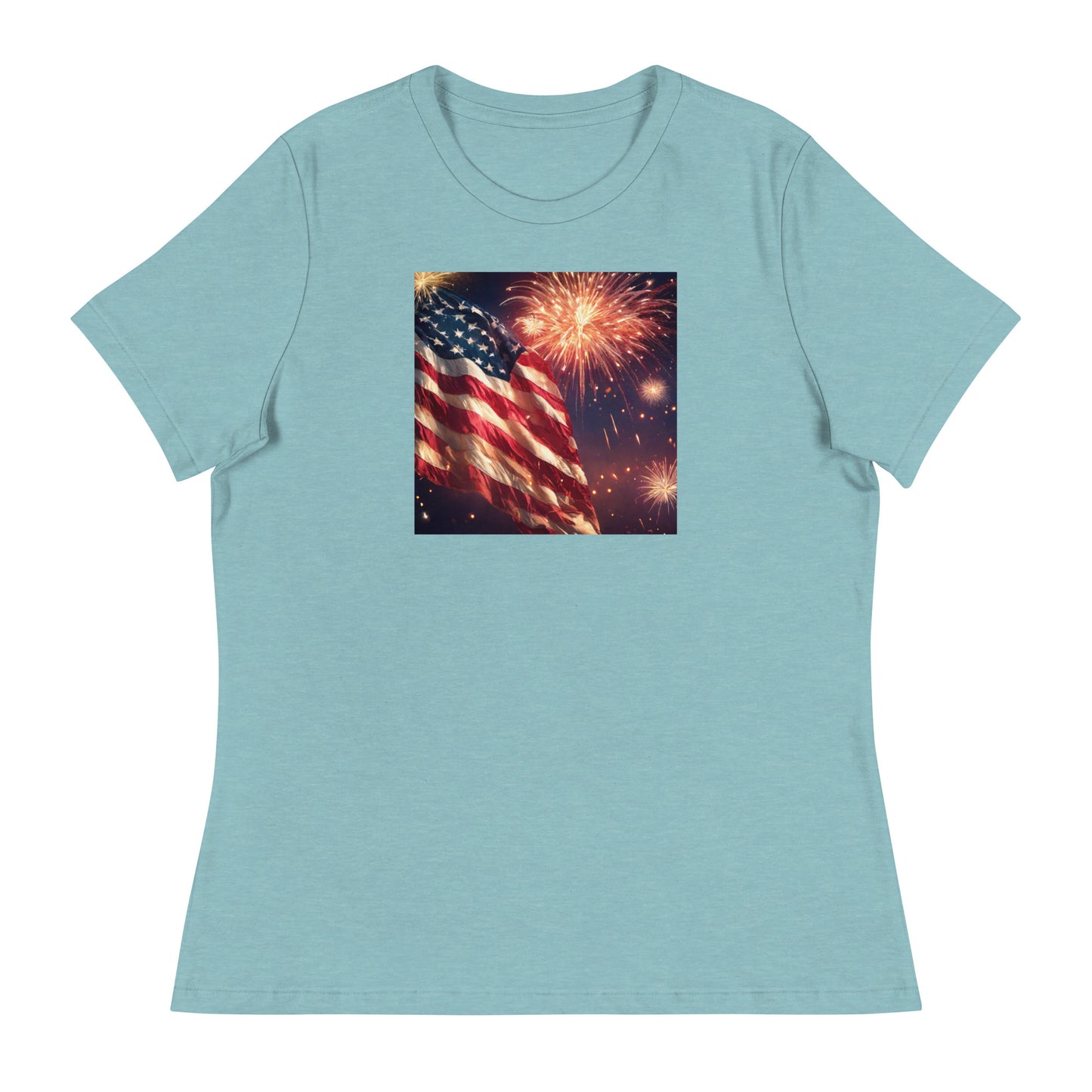 American Flag Women's 4th of July T-Shirt Heather Blue Lagoon