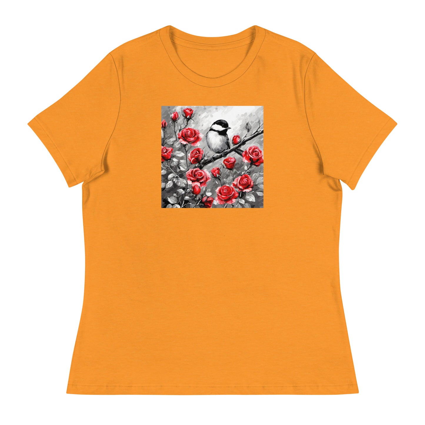 Chickadee Among Roses Women's Bird Lover T-Shirt Heather Marmalade