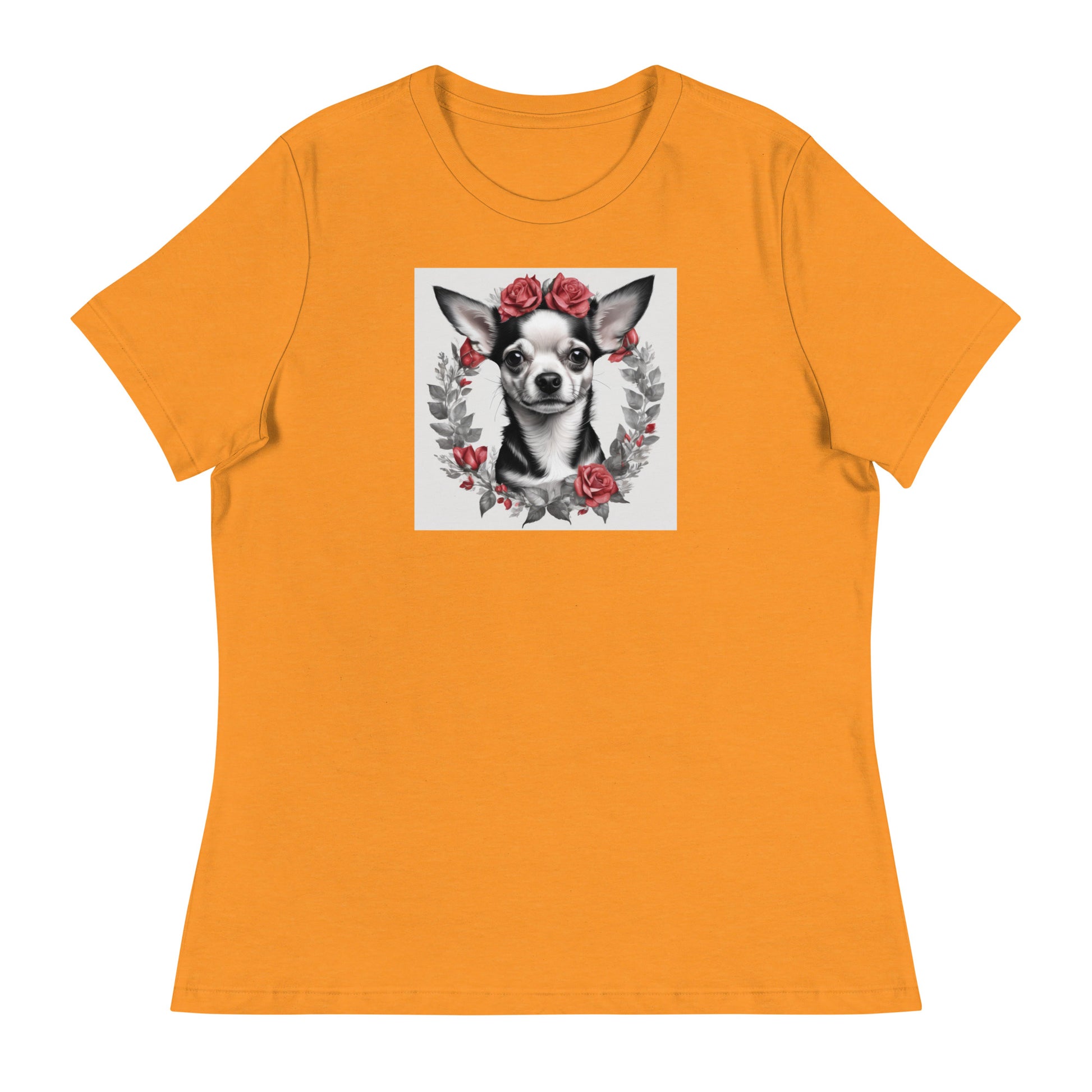 Chihuahua with Red Rose Wreath Women's Dog Lover T-Shirt Heather Marmalade