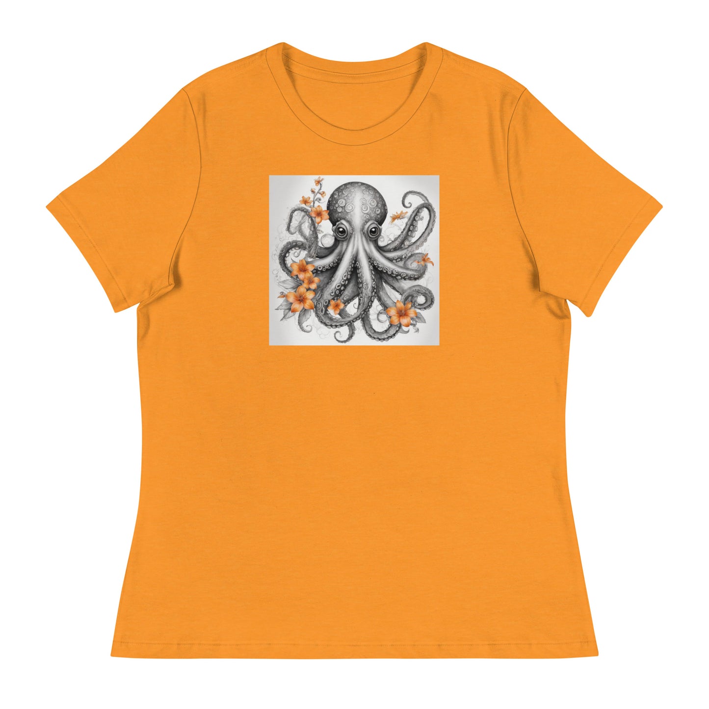 Octopus with Orange Flowers Women's Animal Lover T-Shirt Heather Marmalade