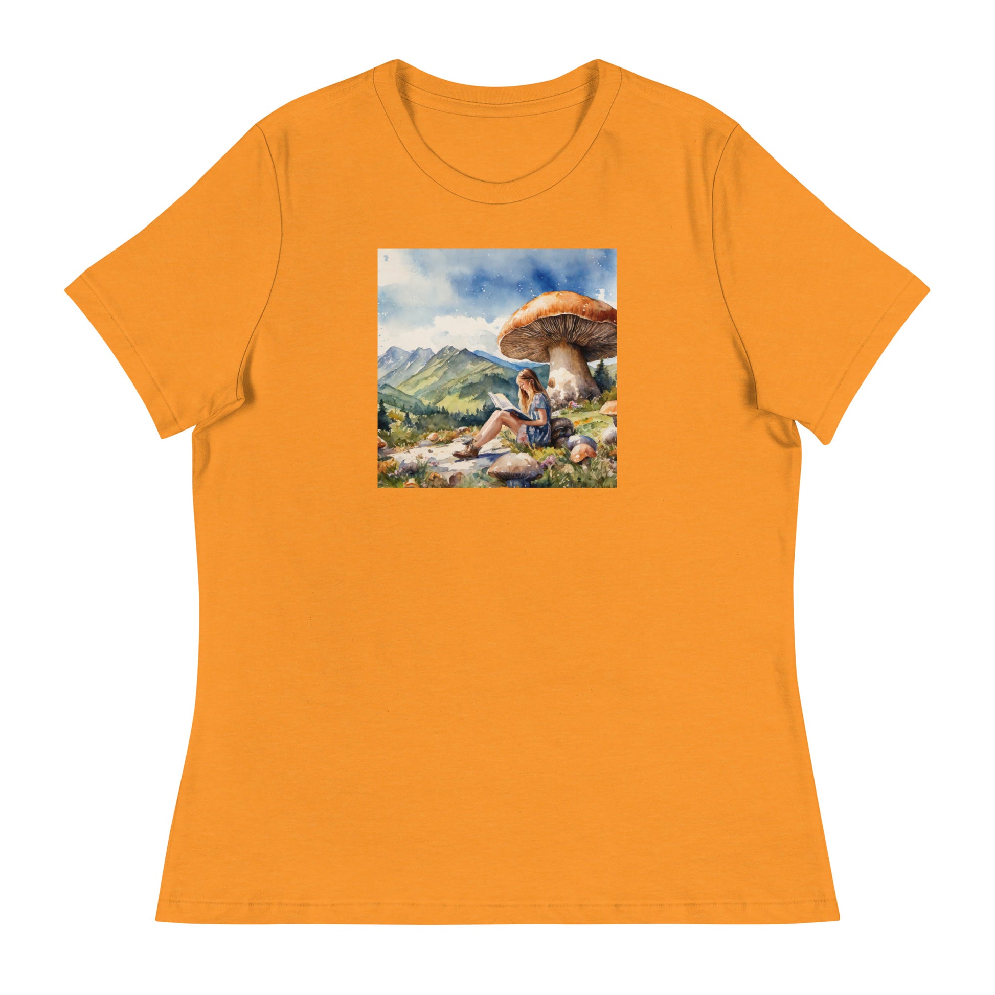 Woman Reading a Book under Large Mushroom Women's Book Lover T-Shirt Heather Marmalade