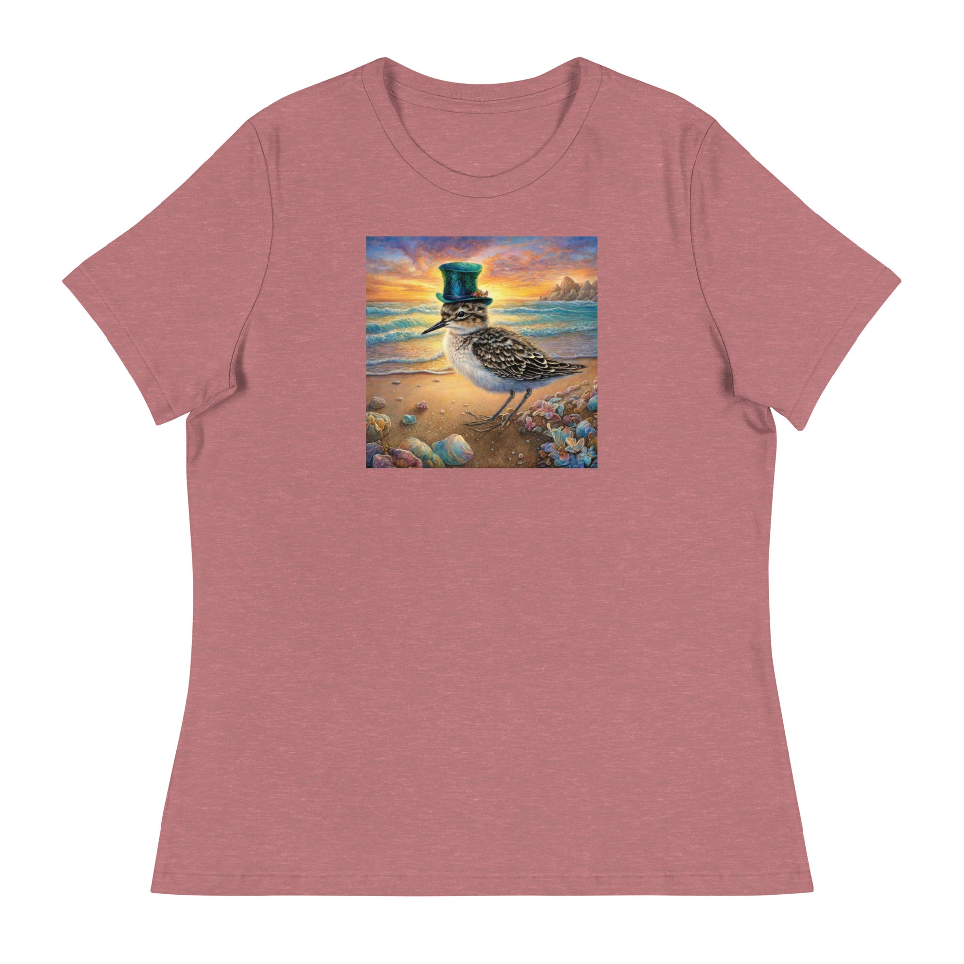 Sandpiper in Top Hat Women's Beach T-Shirt Heather Mauve