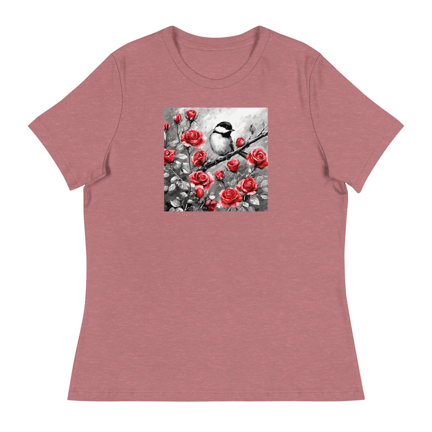 Chickadee Among Roses Women's Bird Lover T-Shirt Heather Mauve