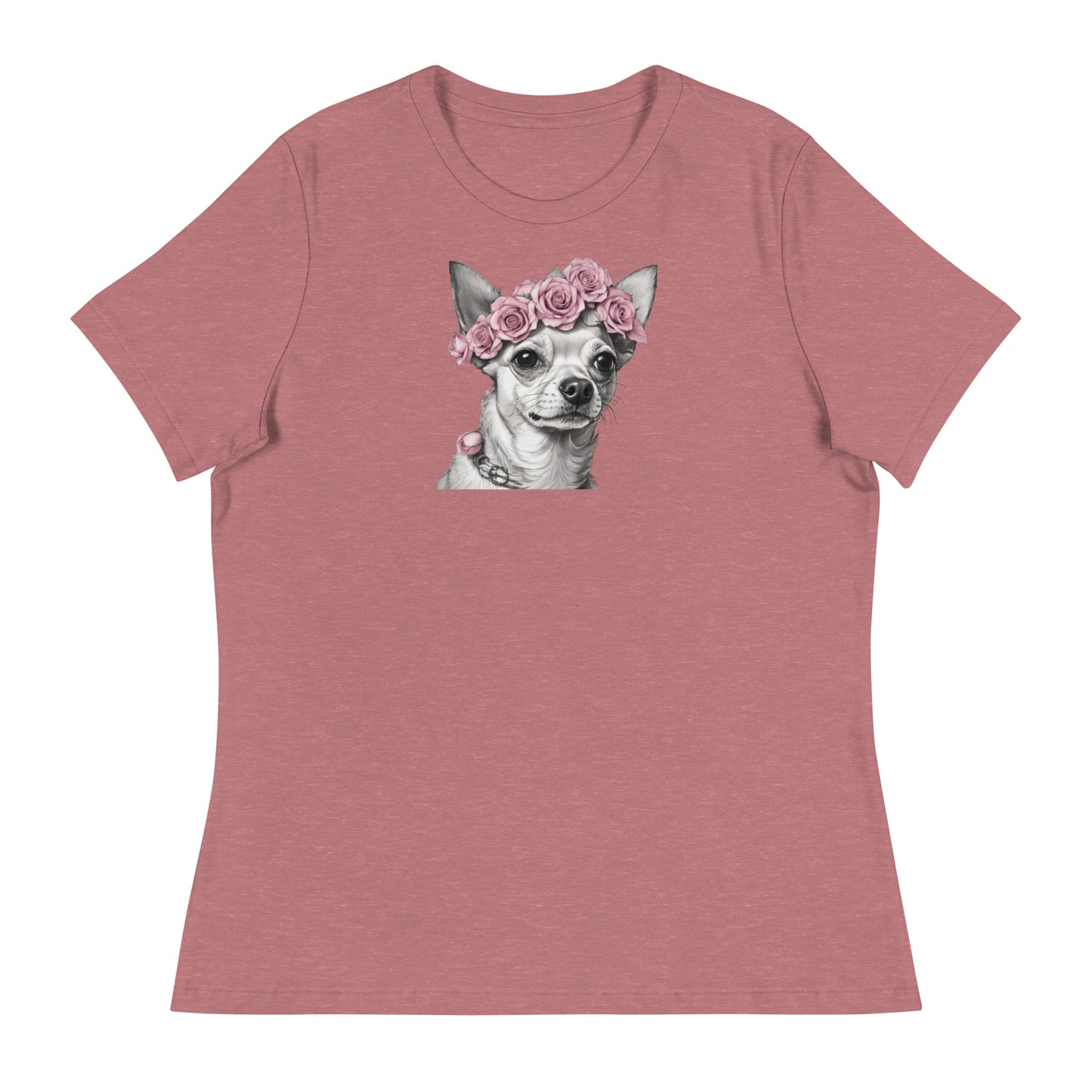 Chihuahua with Pink Rose Wreath Women's Dog Lover T-Shirt Heather Mauve