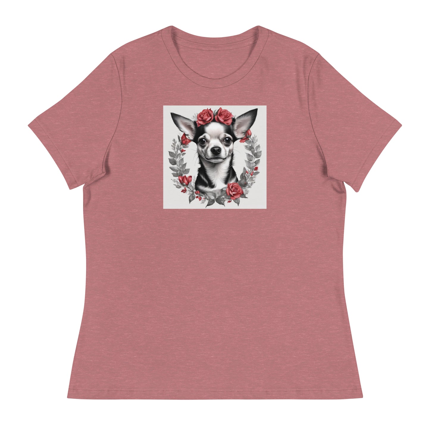 Chihuahua with Red Rose Wreath Women's Dog Lover T-Shirt Heather Mauve