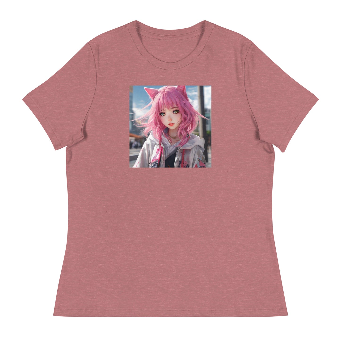 Cute Girl with Cat Ears and Pink Hair Women's Anime T-Shirt Heather Mauve