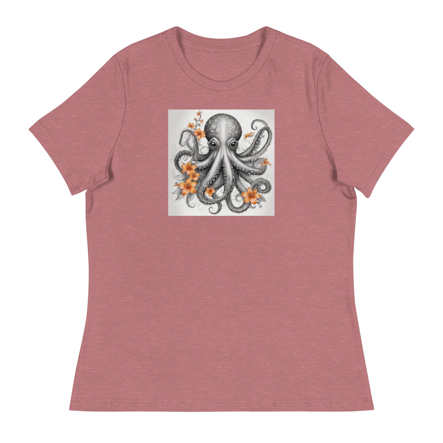 Octopus with Orange Flowers Women's Animal Lover T-Shirt Heather Mauve