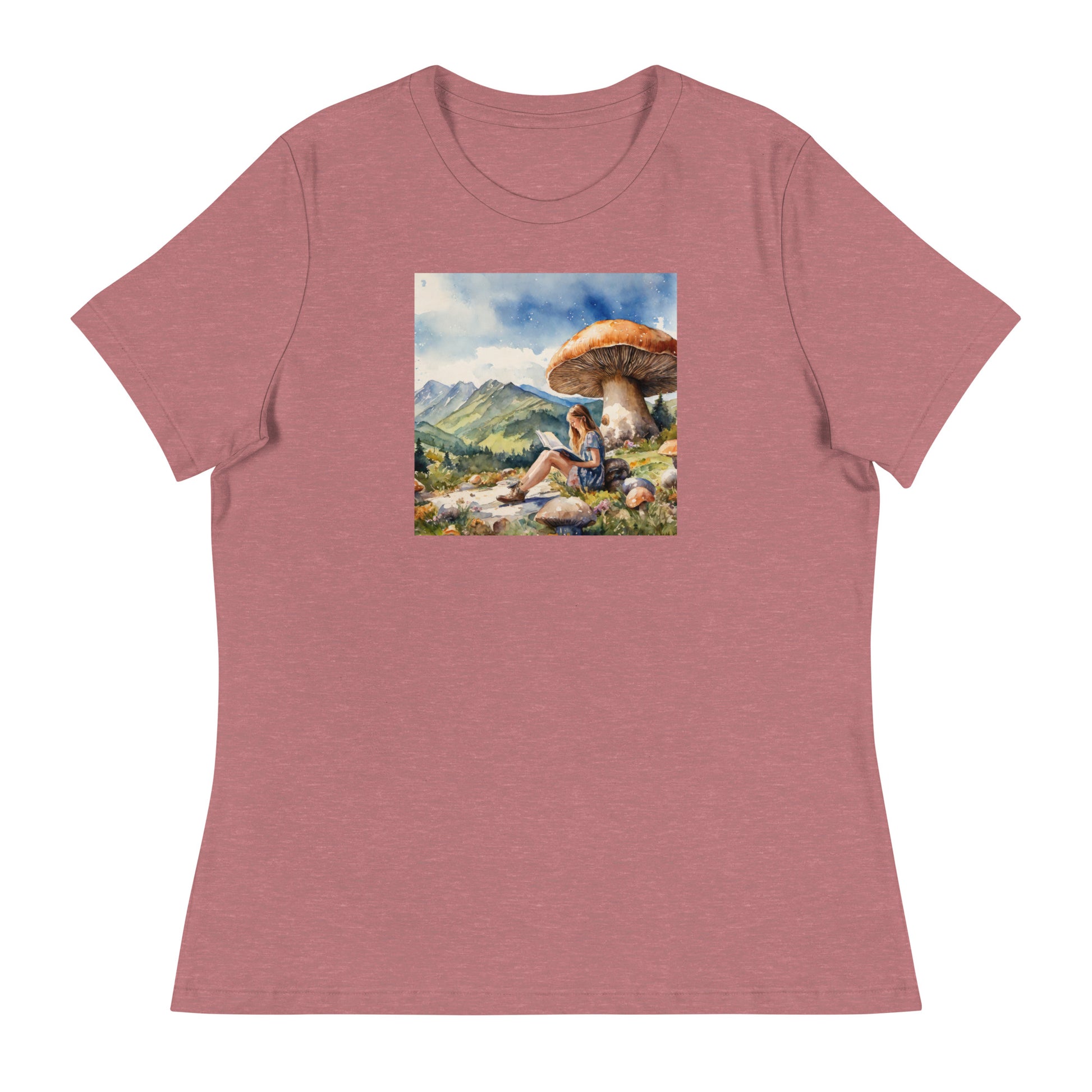 Woman Reading a Book under Large Mushroom Women's Book Lover T-Shirt Heather Mauve