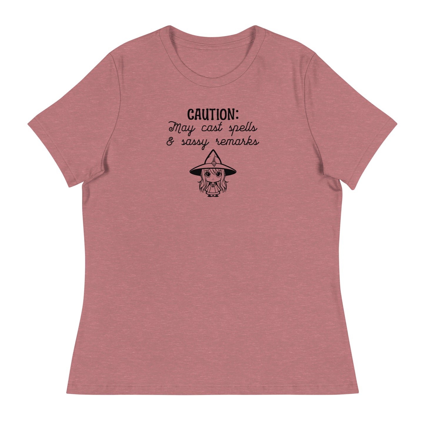 CAUTION: May Cast Spells & Sassy Remarks Women's Halloween T-Shirt Heather Mauve