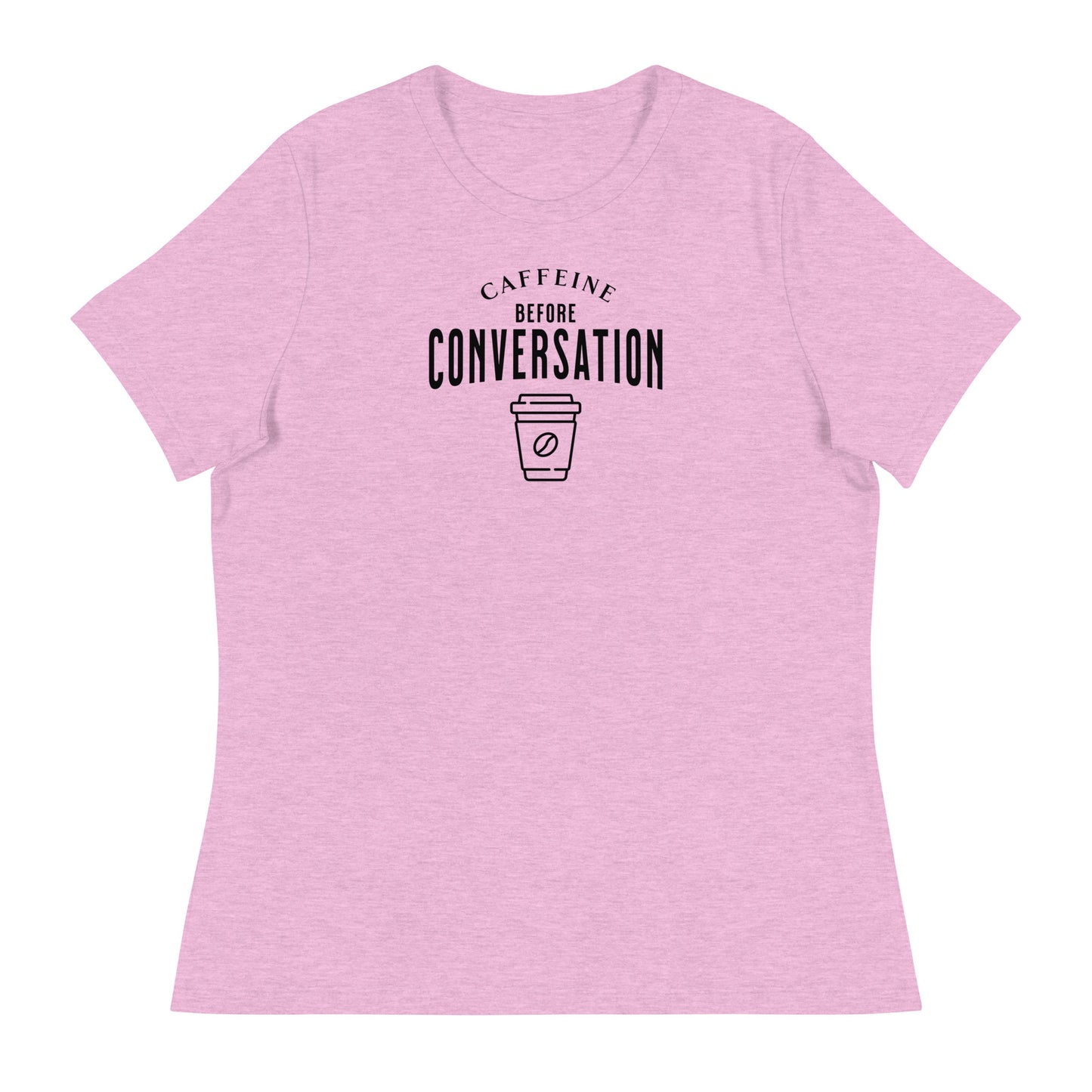 Caffeine Before Conversation Women's Funny T-Shirt Heather Prism Lilac