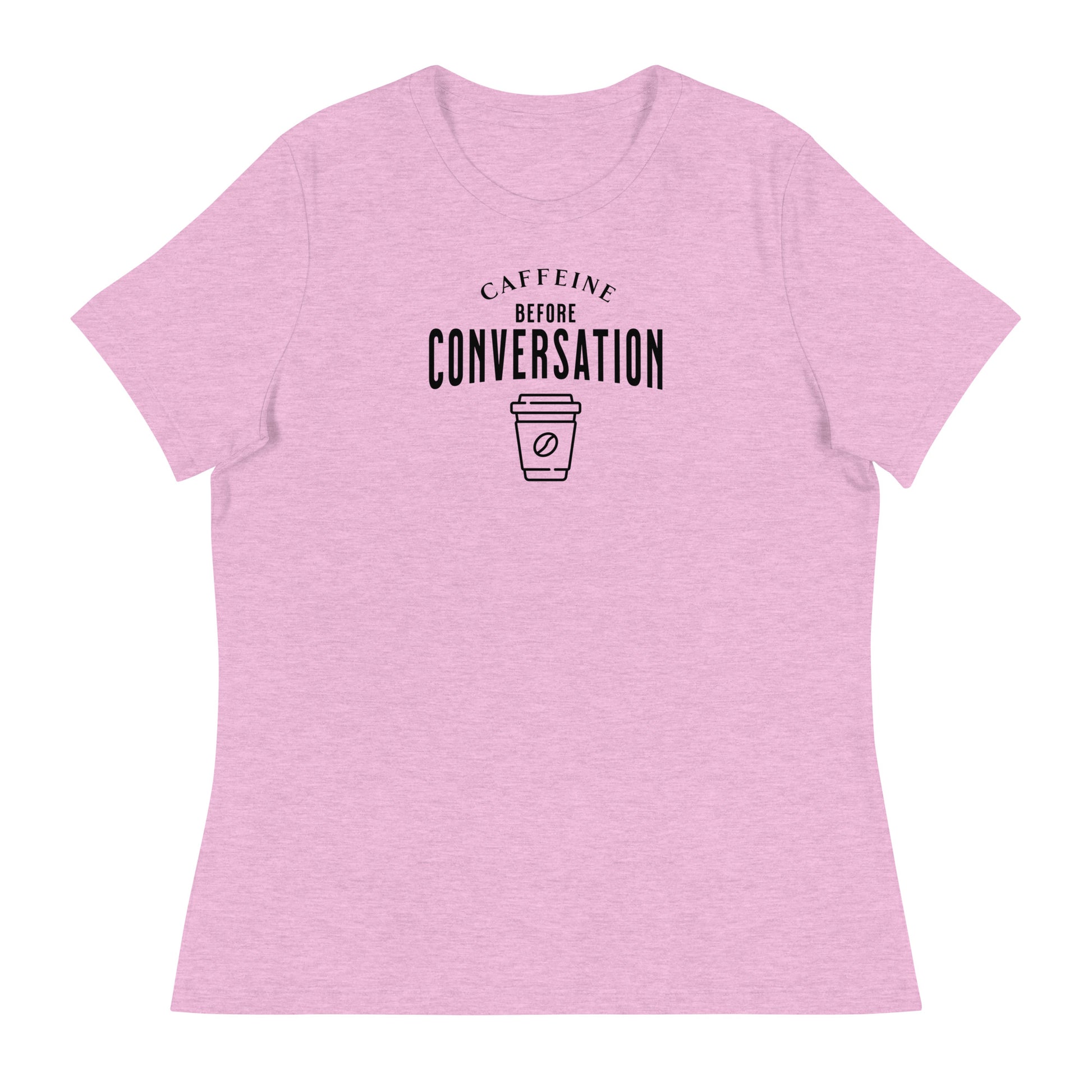 Caffeine Before Conversation Women's Funny T-Shirt Heather Prism Lilac