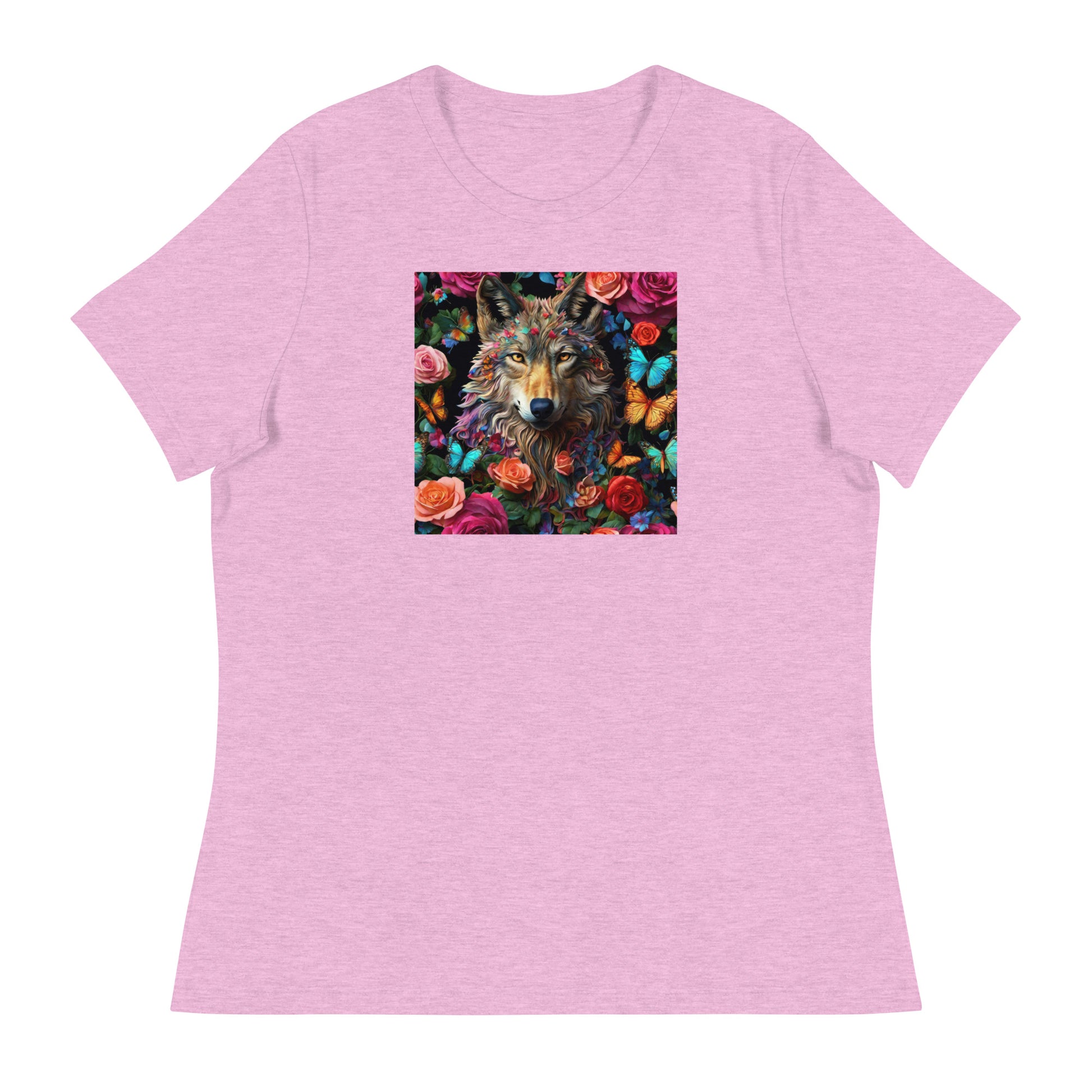 Wolf and Roses Women's Animal Lover T-Shirt Heather Prism Lilac