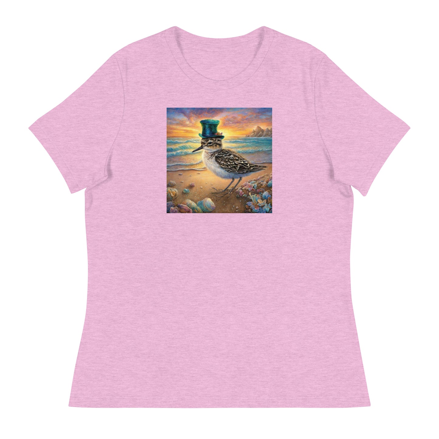 Sandpiper in Top Hat Women's Beach T-Shirt Heather Prism Lilac