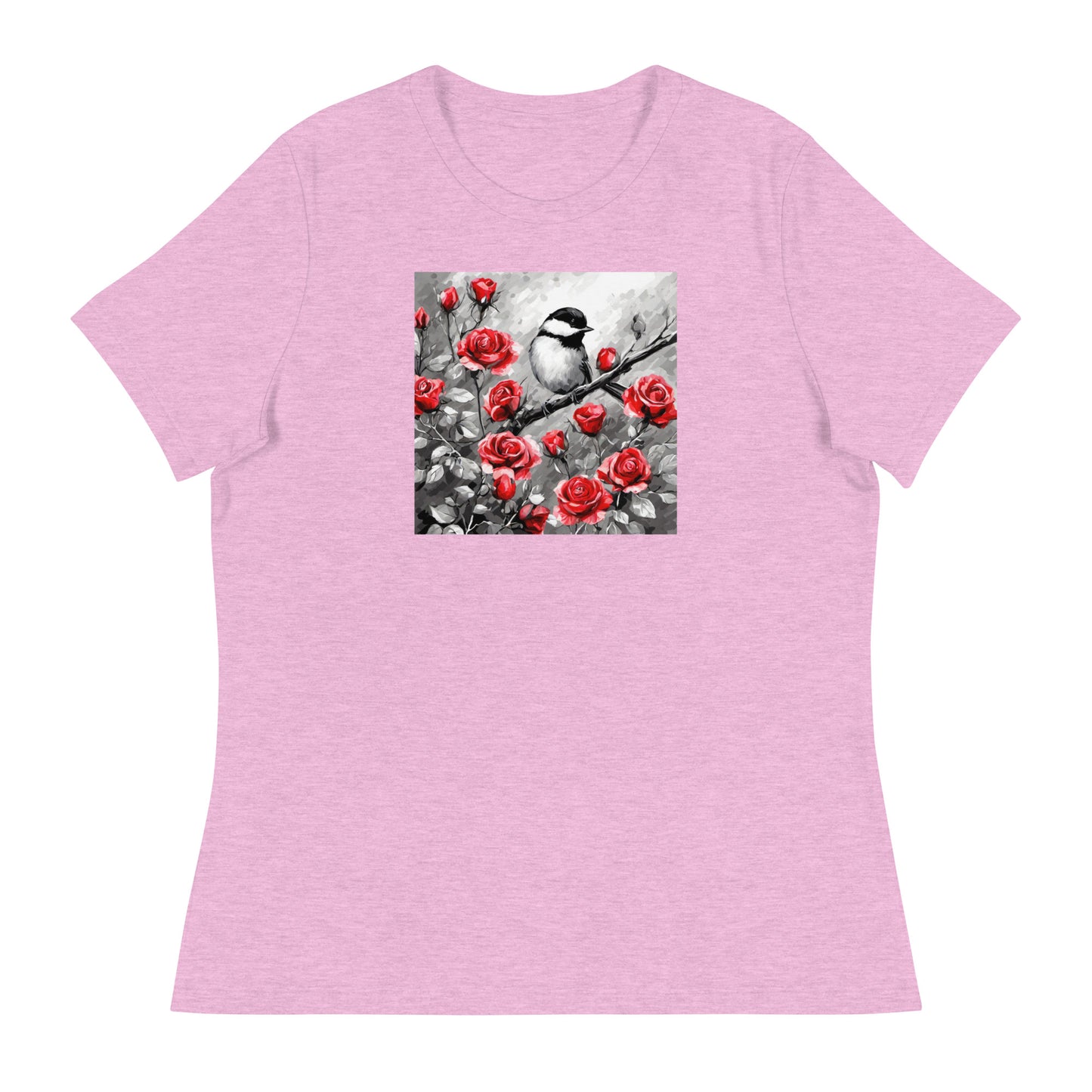 Chickadee Among Roses Women's Bird Lover T-Shirt Heather Prism Lilac