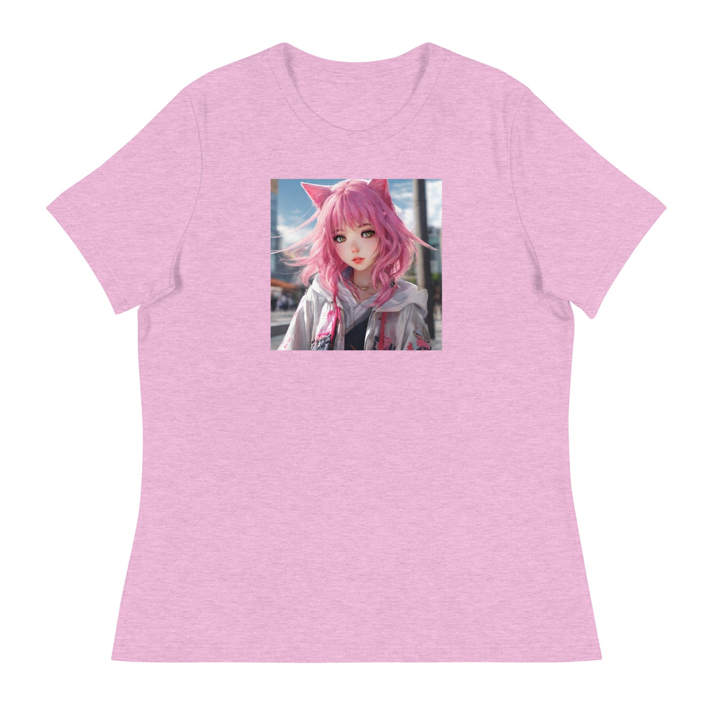 Cute Girl with Cat Ears and Pink Hair Women's Anime T-Shirt Heather Prism Lilac