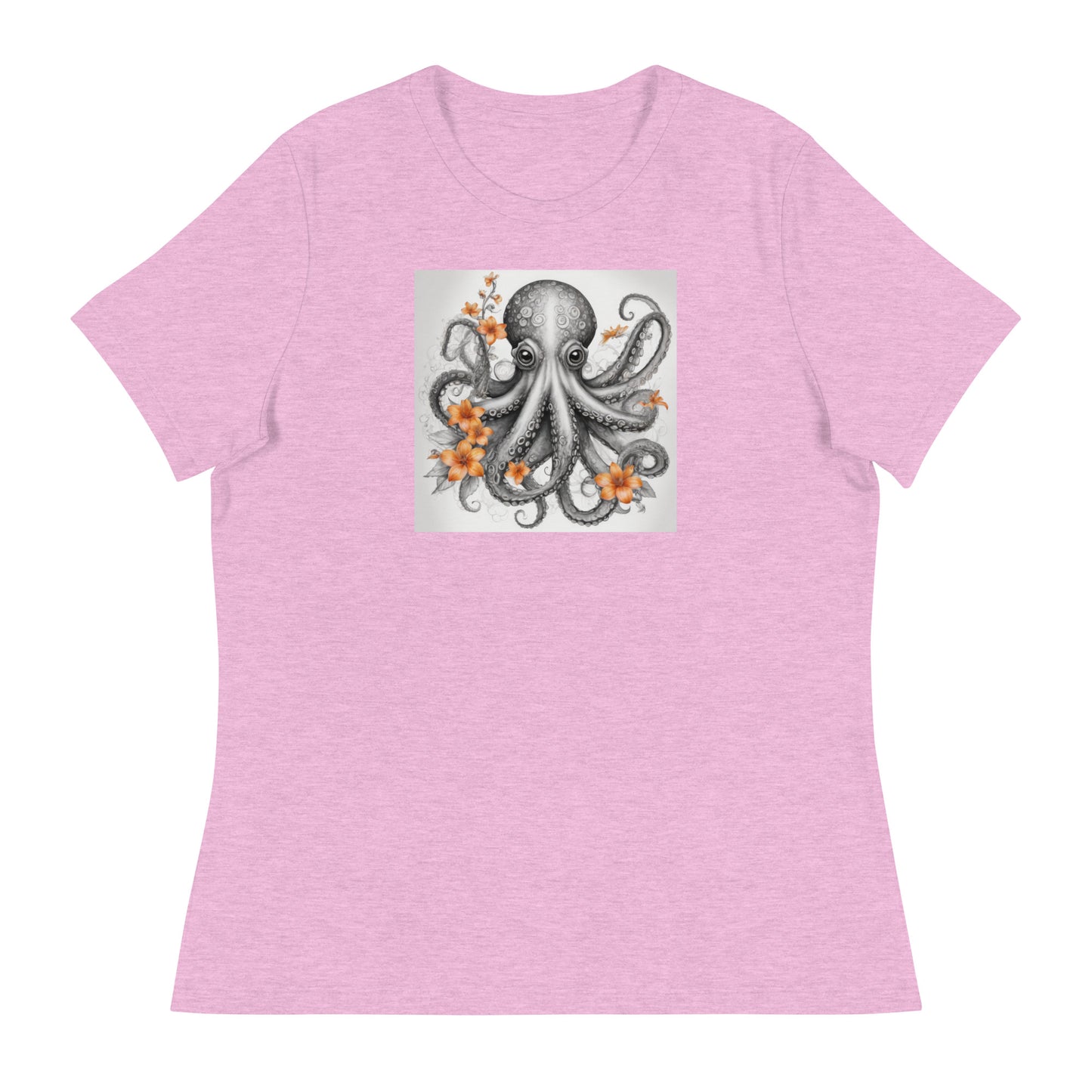 Octopus with Orange Flowers Women's Animal Lover T-Shirt Heather Prism Lilac