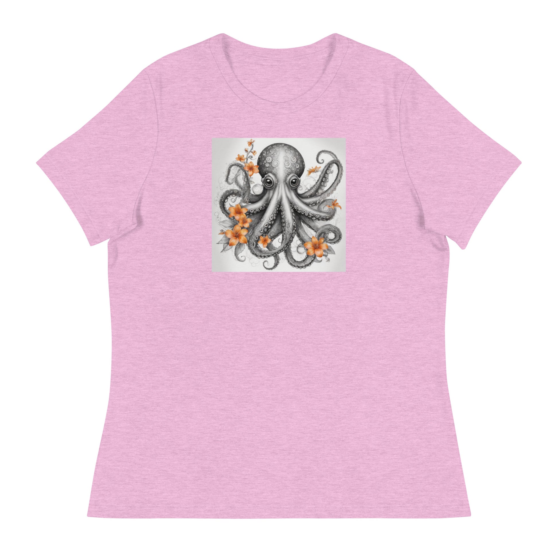 Octopus with Orange Flowers Women's Animal Lover T-Shirt Heather Prism Lilac