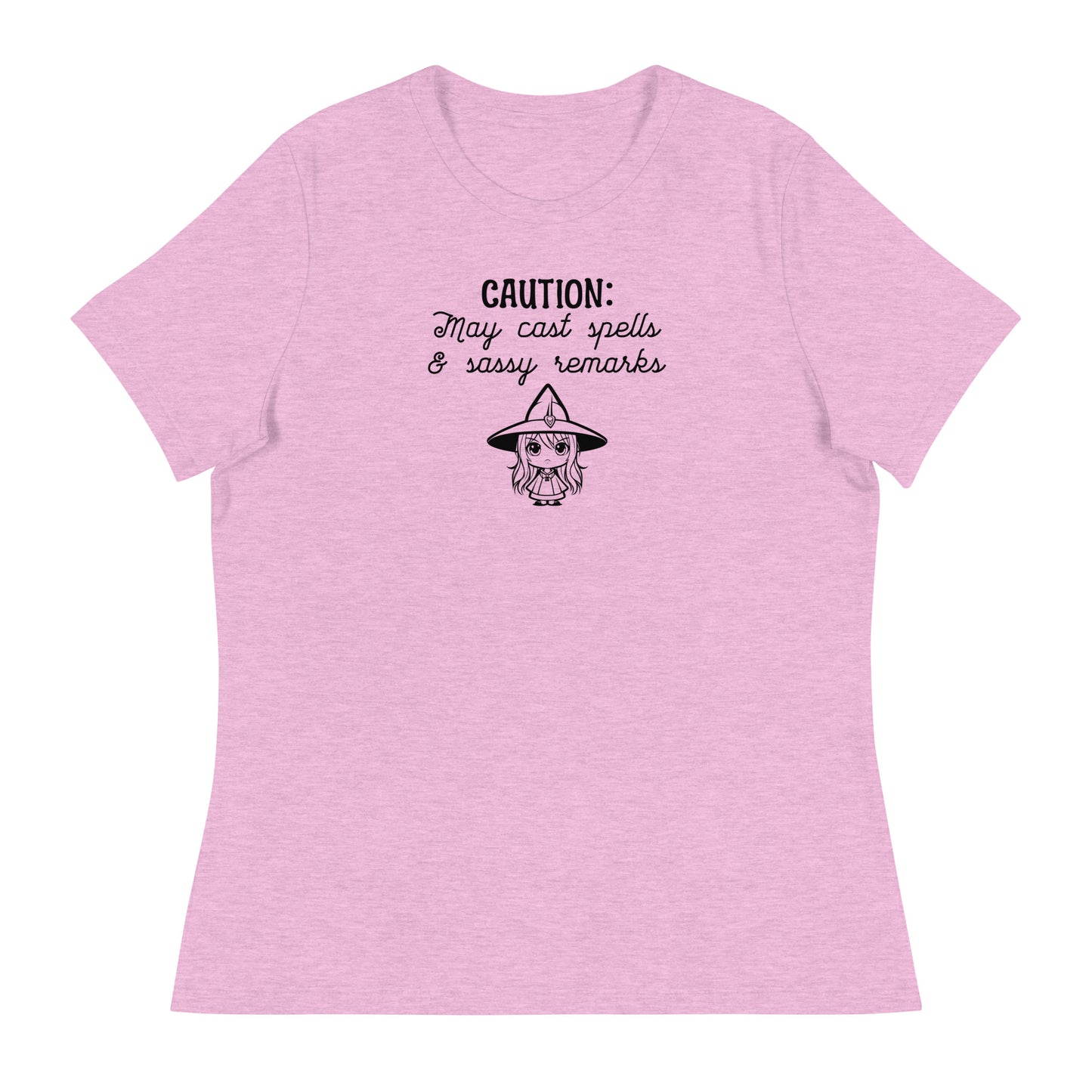 CAUTION: May Cast Spells & Sassy Remarks Women's Halloween T-Shirt Heather Prism Lilac